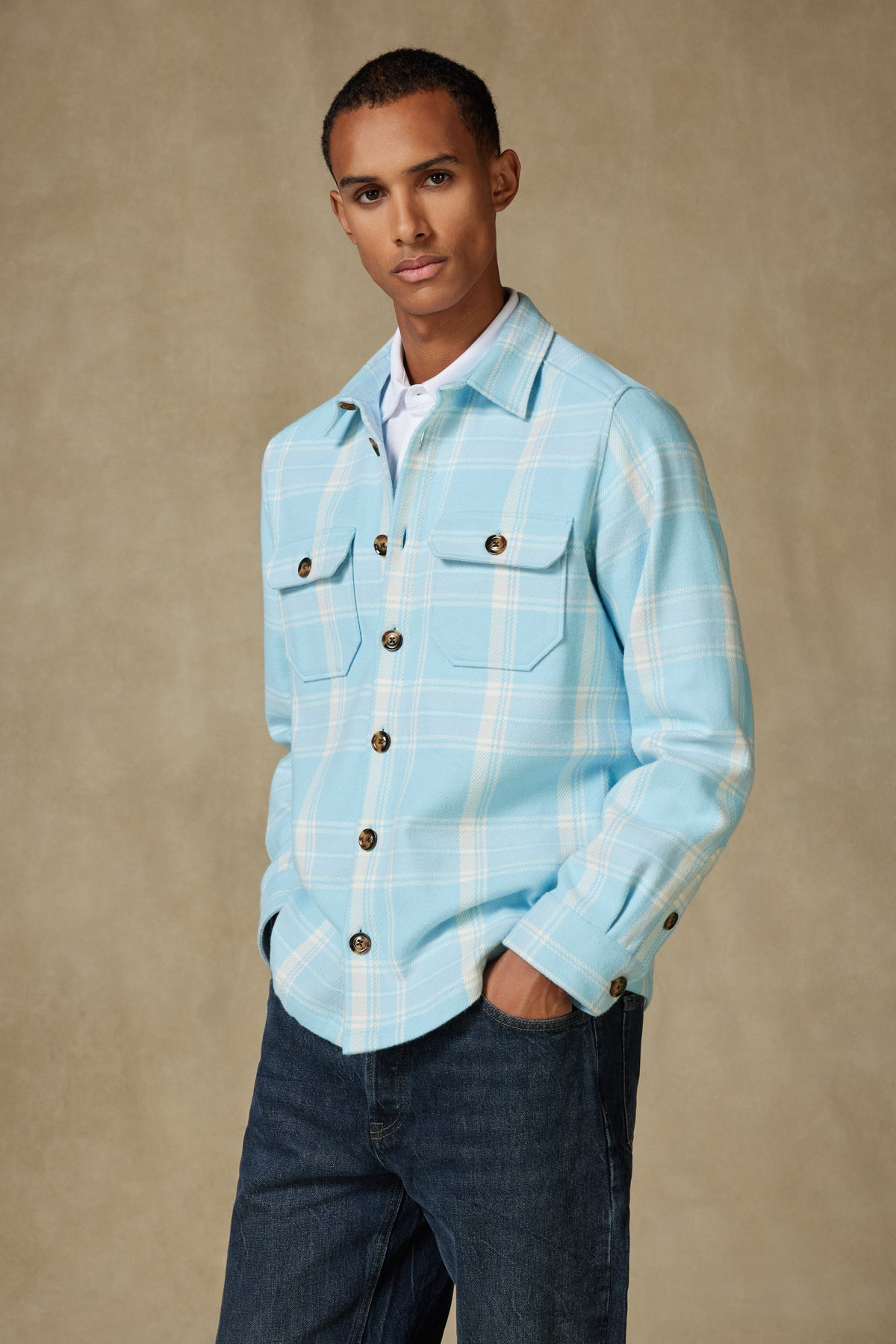 Abbate Fumo Flanel Pamuklu Overshirt Fit Açık Mavi Klasik Yaka Erkek Ekoseli Gömlek Ceket