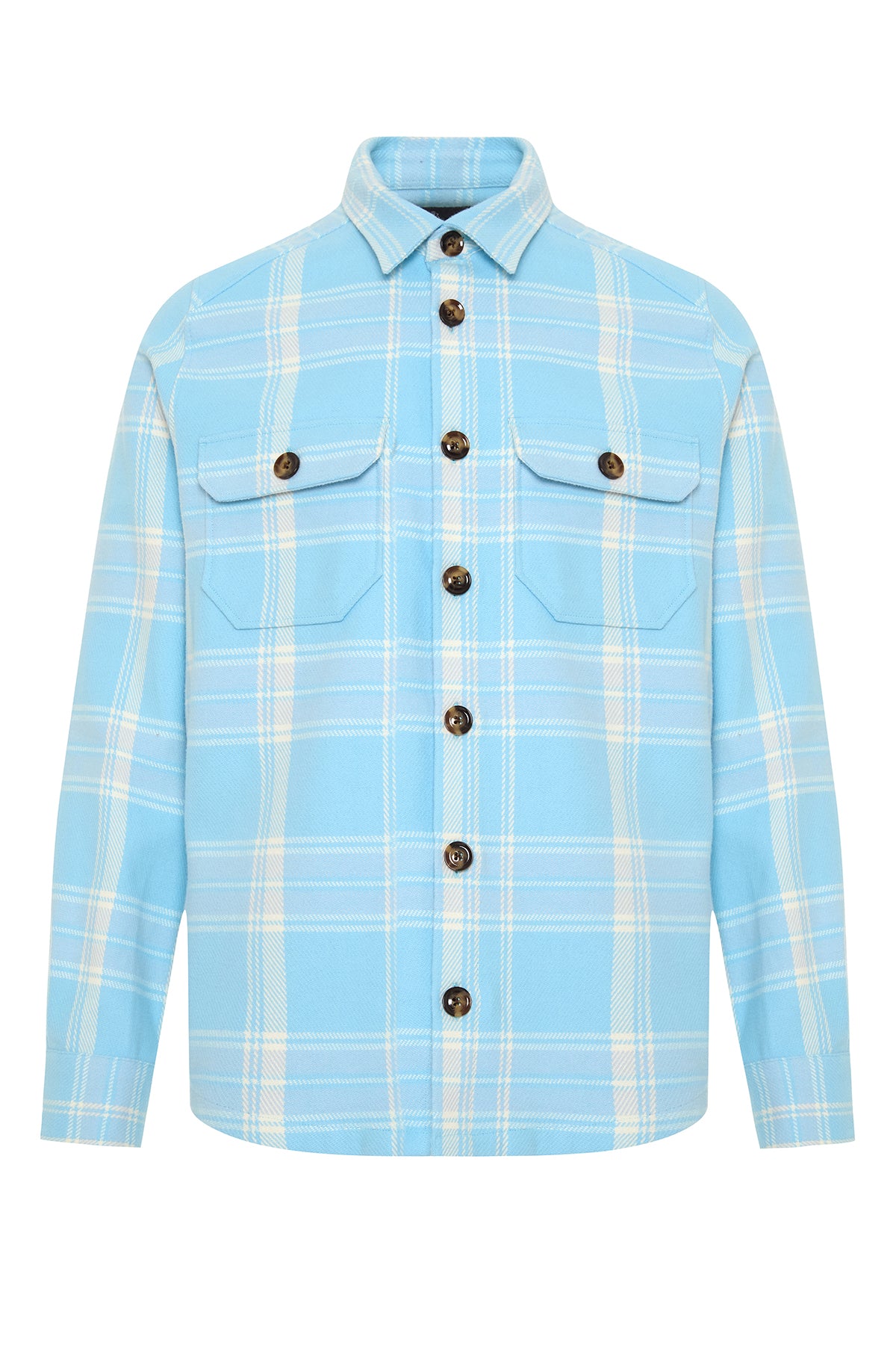 Abbate Fumo Flanel Pamuklu Overshirt Fit Açık Mavi Klasik Yaka Erkek Ekoseli Gömlek Ceket