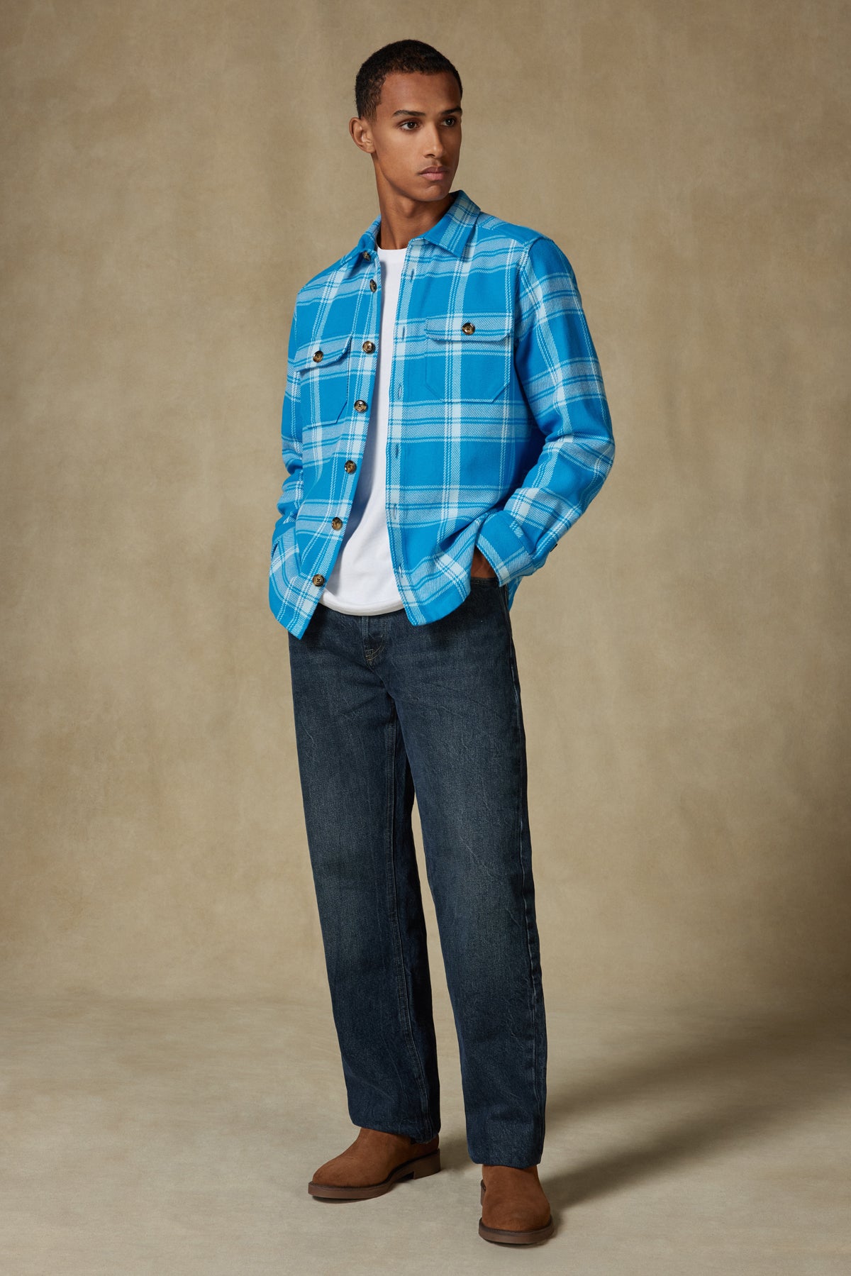 Abbate Fumo Flanel Pamuklu Overshirt Fit Koyu Mavi Klasik Yaka Erkek Ekoseli Gömlek Ceket