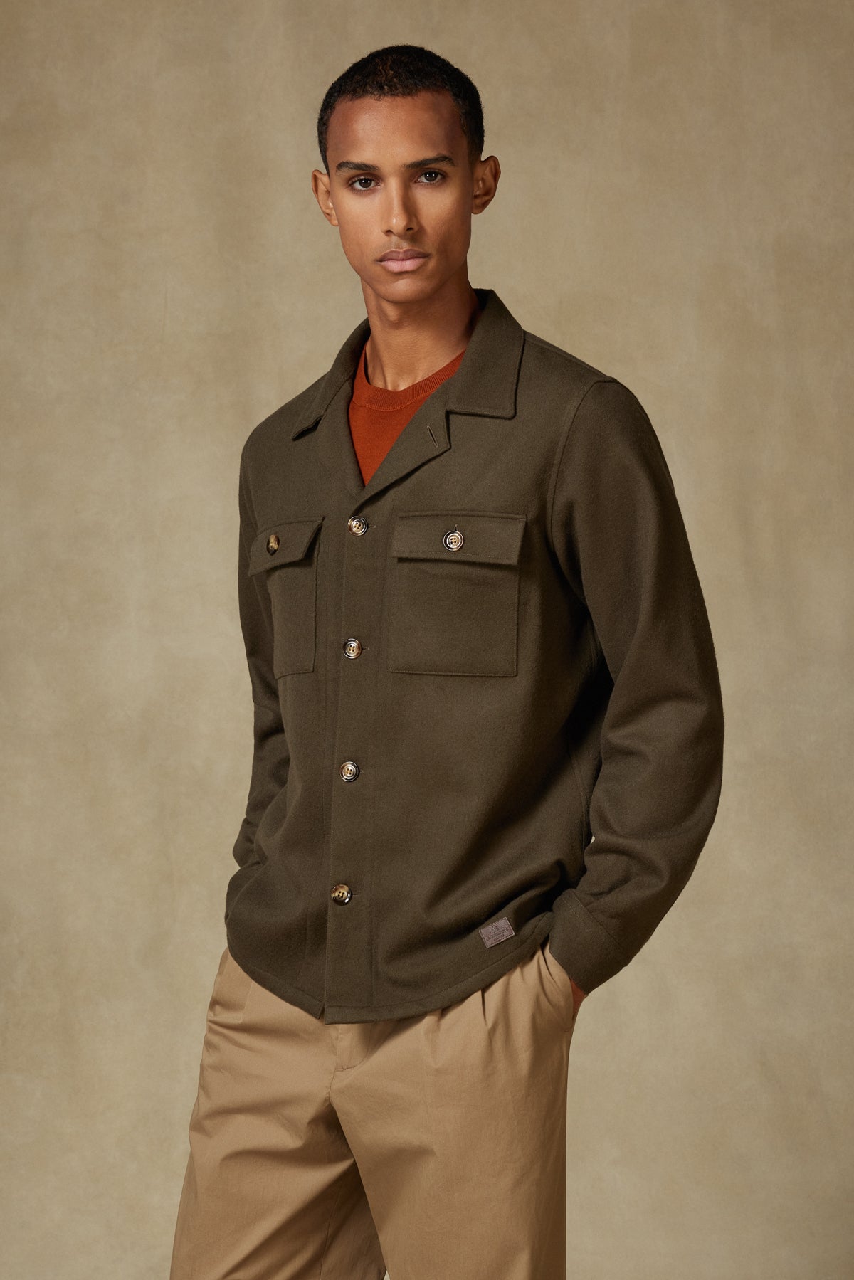 Abbate Lana Dokuma Yünlü Overshirt Fit Haki Apaş Yaka Erkek Düz Gömlek Ceket