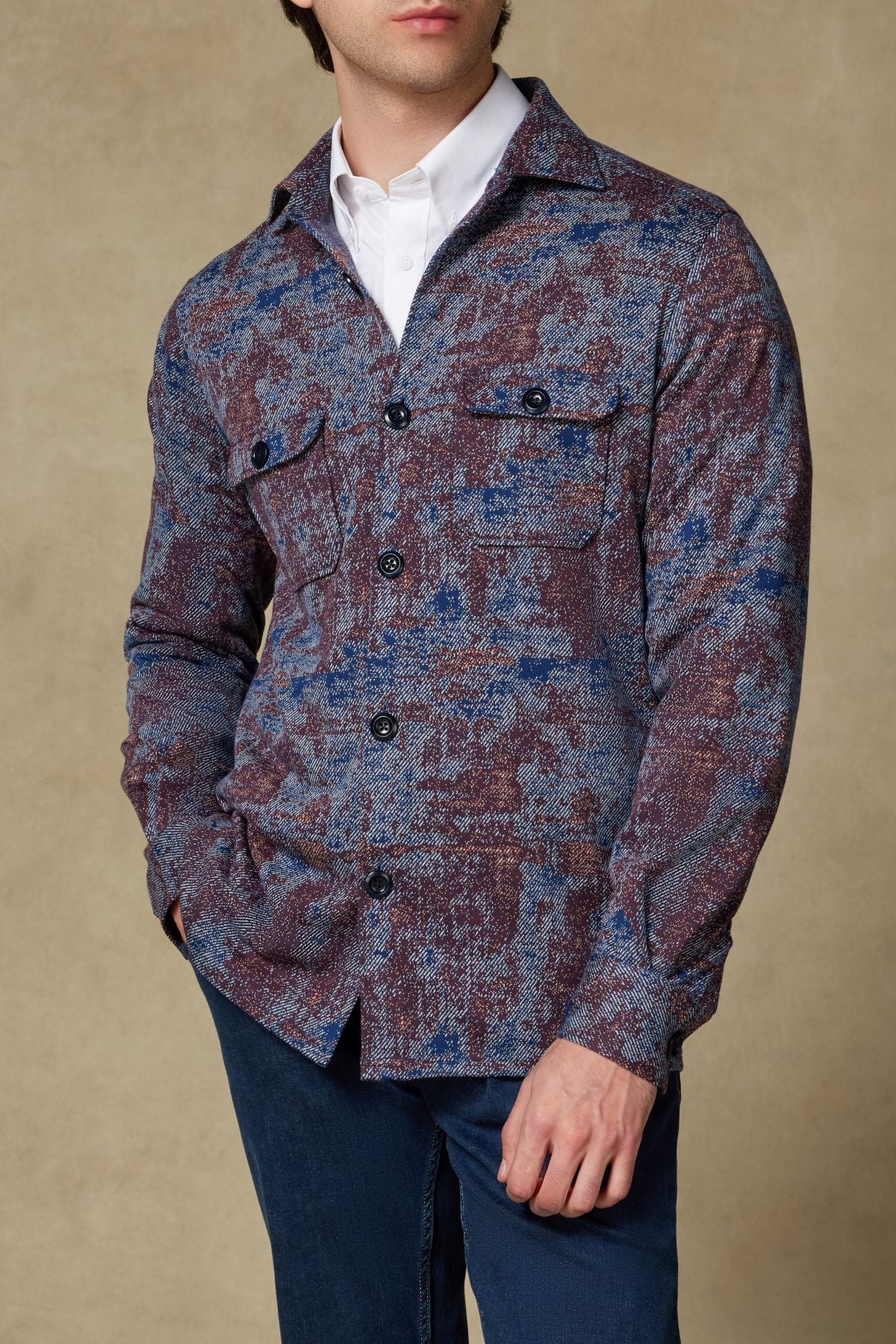 Abbate Legend Örme Kumaş Viskon Karışımlı Overshirt Fit Lacivert Klasik Yaka Erkek Desenli Gömlek Ceket