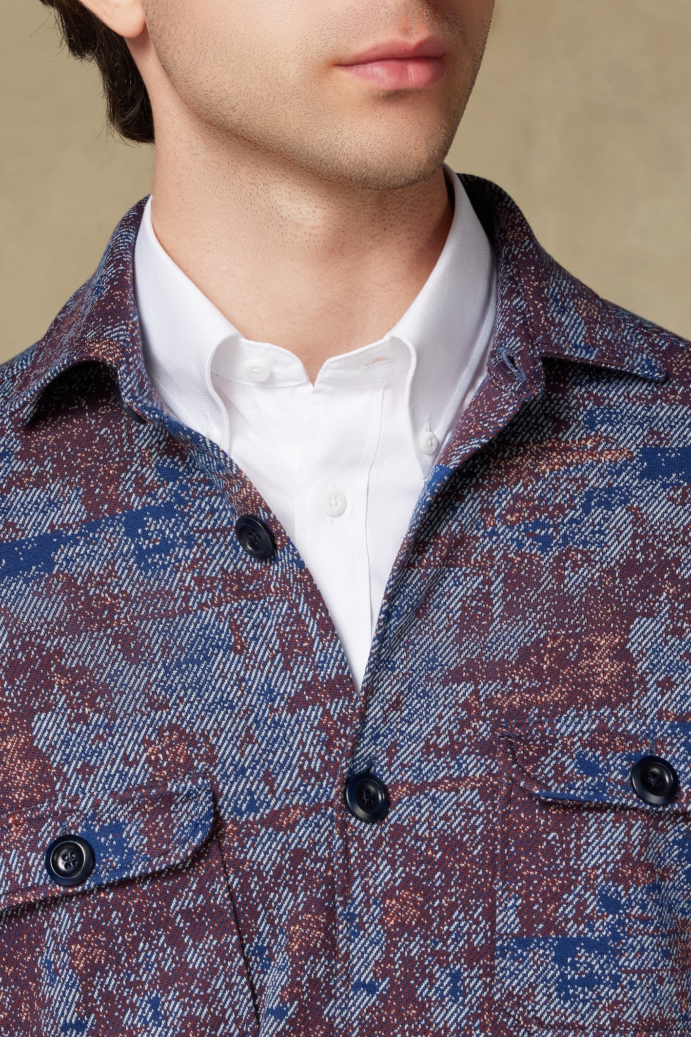 Abbate Legend Örme Kumaş Viskon Karışımlı Overshirt Fit Lacivert Klasik Yaka Erkek Desenli Gömlek Ceket