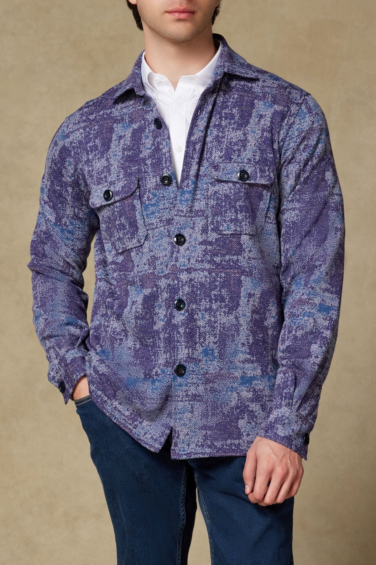 Abbate Legend Örme Kumaş Viskon Karışımlı Overshirt Fit Mürdüm Klasik Yaka Erkek Desenli Gömlek Ceket