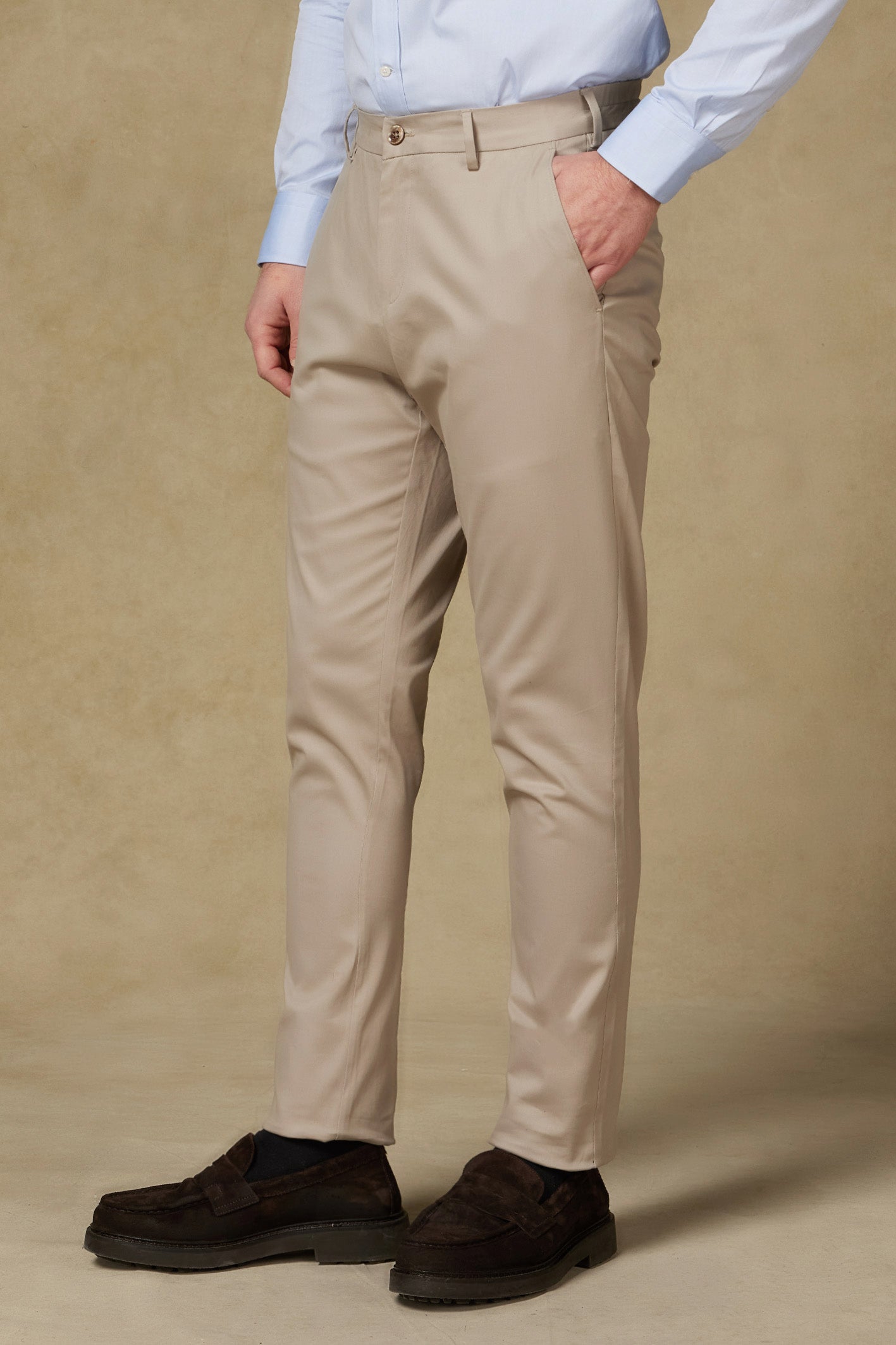 Abbate Prime Chino Poplin Stretch Pamuk Karışımlı Modern Fit Bej Erkek Düz Pantolon