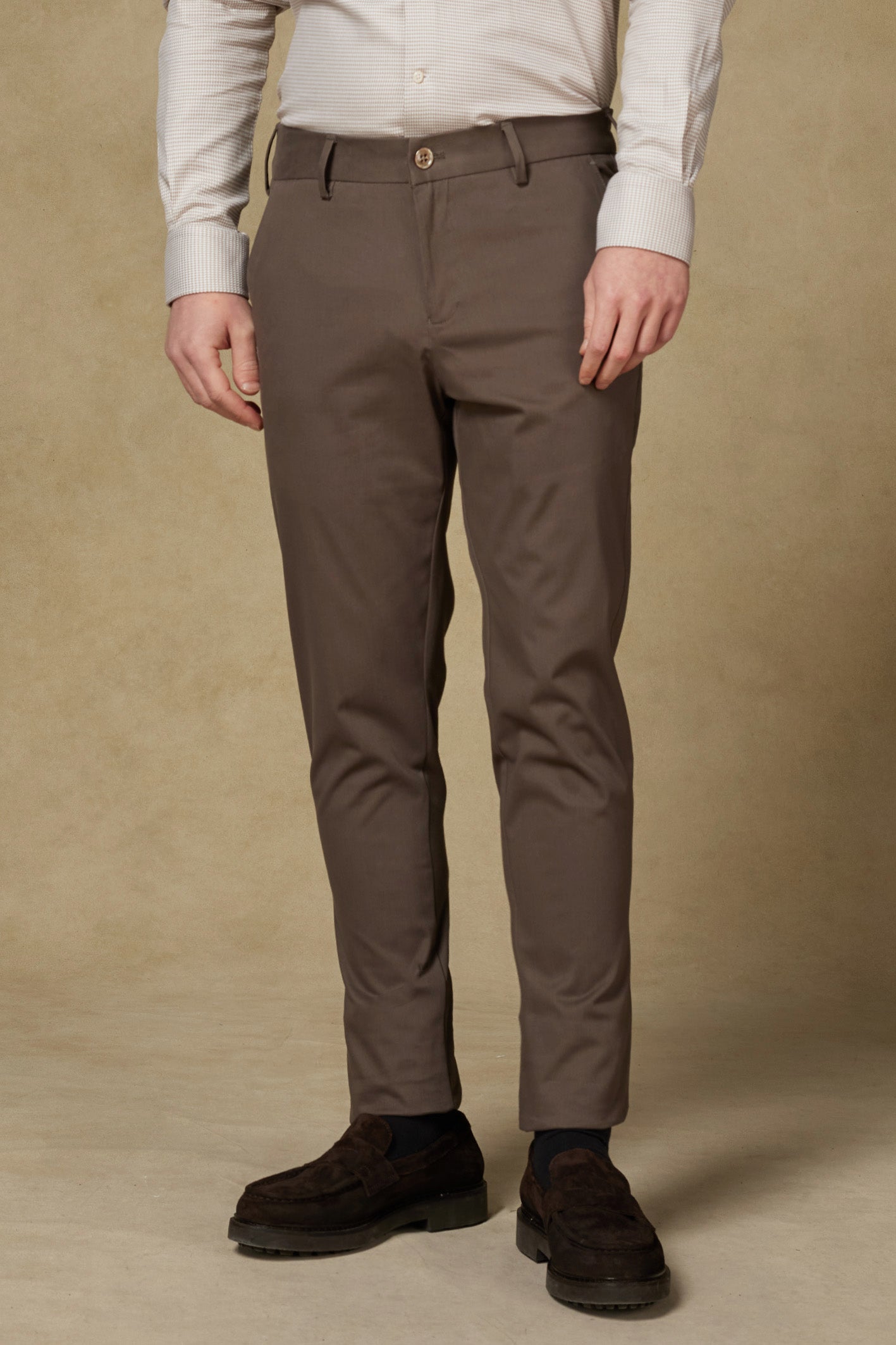 Abbate Prime Chino Poplin Stretch Pamuk Karışımlı Modern Fit Koyu Bej Erkek Düz Pantolon