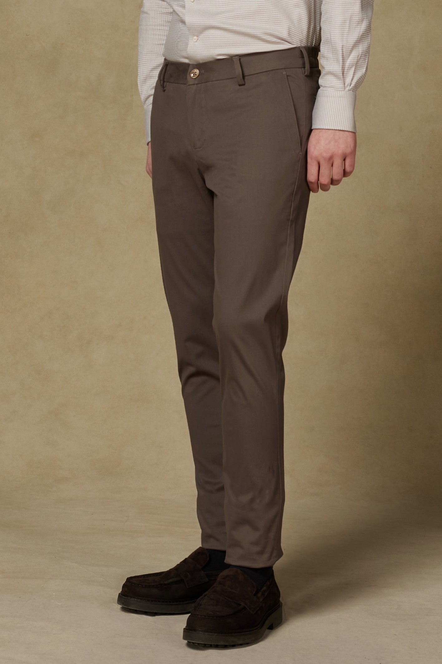 Abbate Prime Chino Poplin Stretch Pamuk Karışımlı Modern Fit Koyu Bej Erkek Düz Pantolon