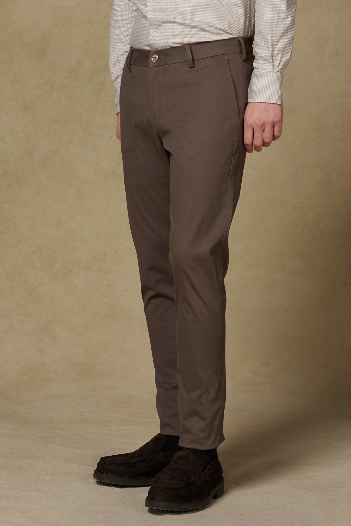 Abbate Prime Chino Poplin Stretch Pamuk Karışımlı Modern Fit Koyu Bej Erkek Düz Pantolon