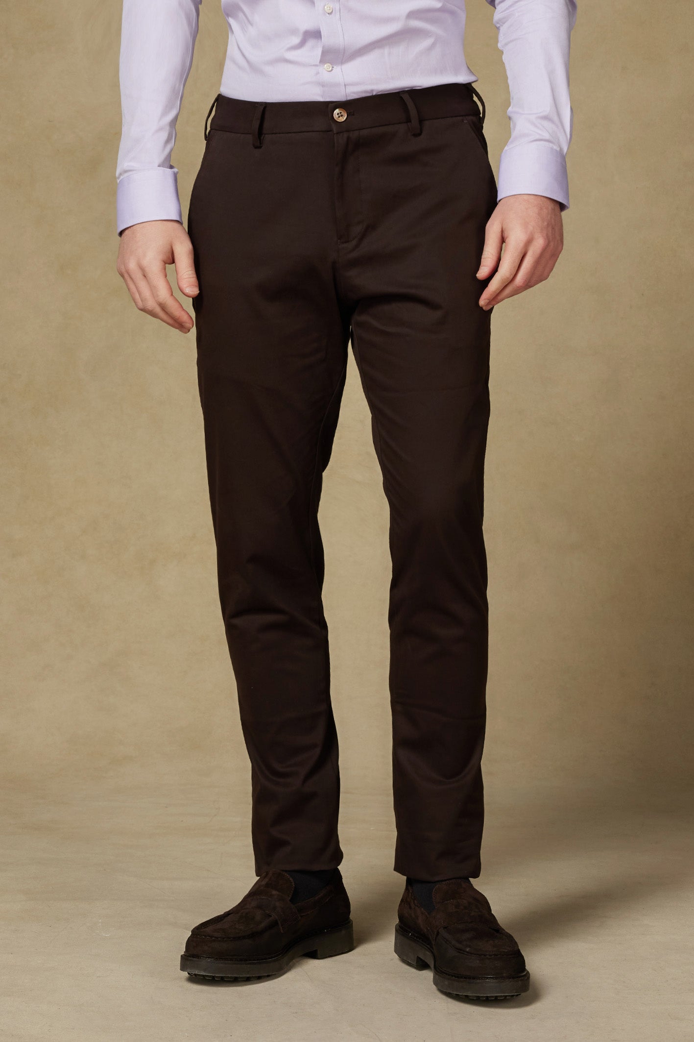 Abbate Prime Chino Poplin Stretch Pamuk Karışımlı Modern Fit Kahverengi Erkek Düz Pantolon