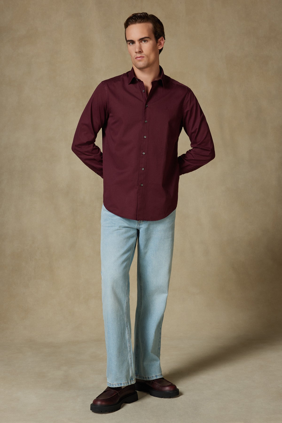 Abbate Piero Gabardin Pamuklu Comfort Fit Bordo Klasik Yaka Erkek Düz Gömlek