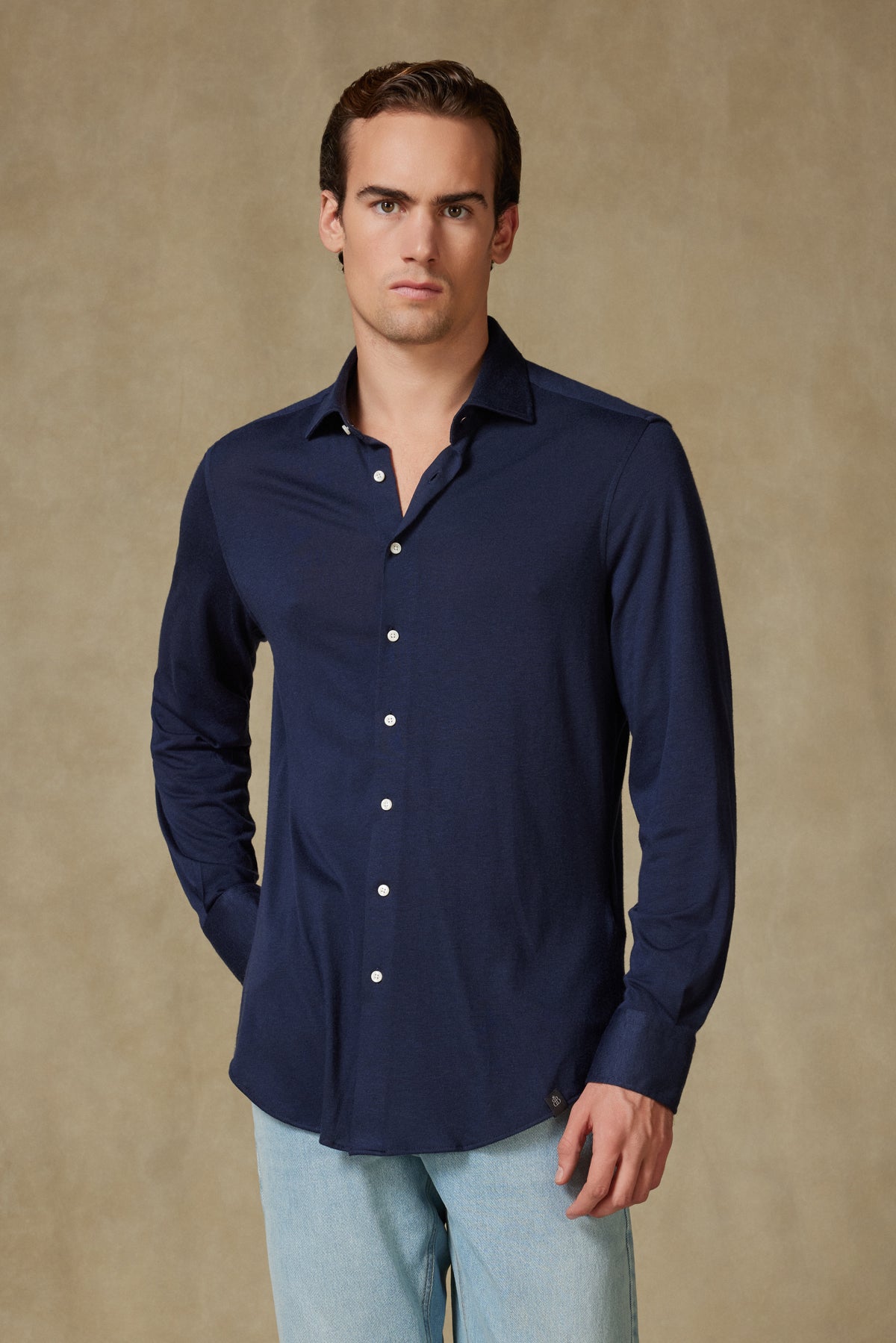 Abbate Lorenzo Jersey Viskon Karışımlı Comfort Fit Lacivert Klasik Yaka Erkek Düz Gömlek