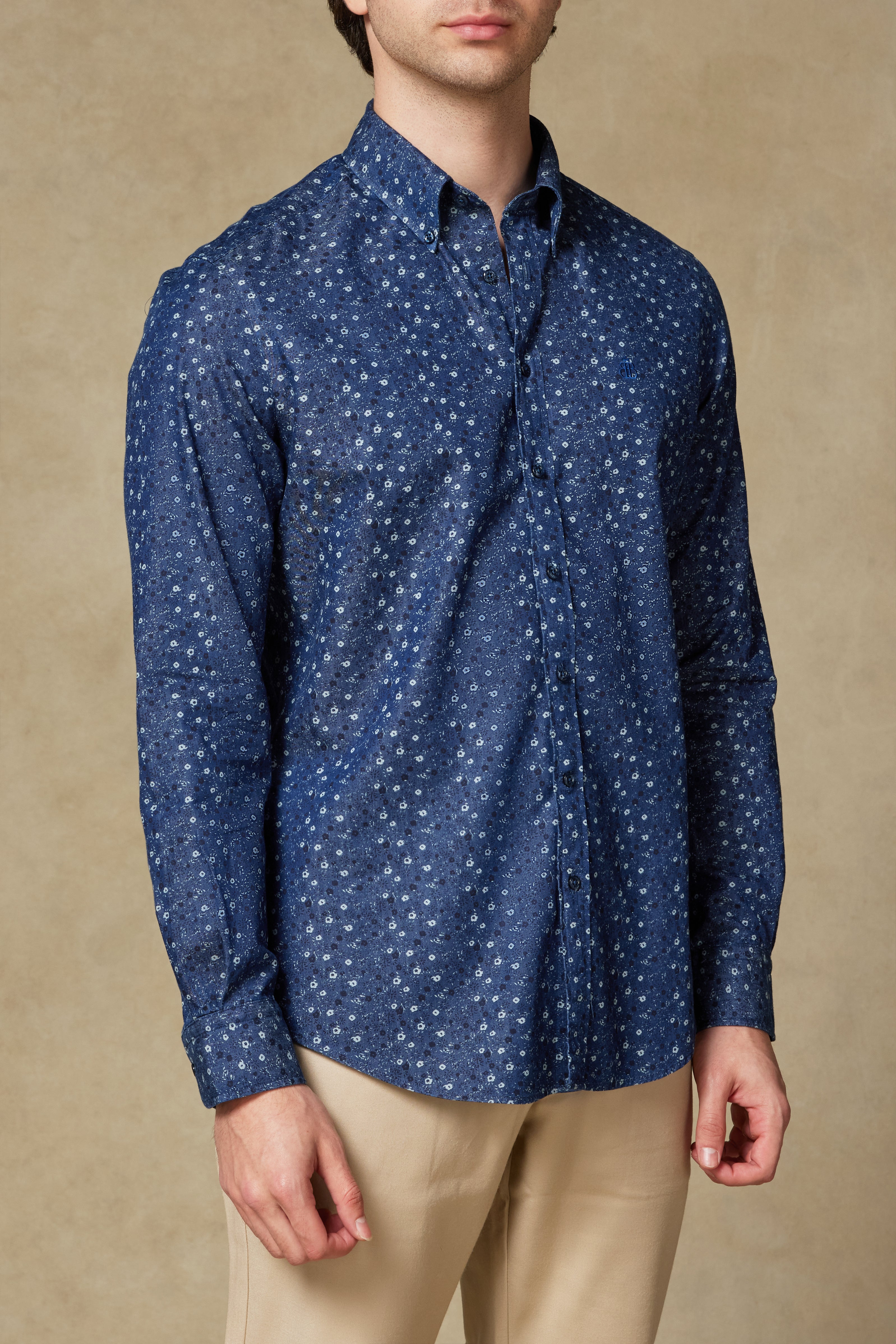 Abbate Natte Denim Pamuklu Comfort Fit Lacivert Düğmeli Yaka Erkek Desenli Gömlek