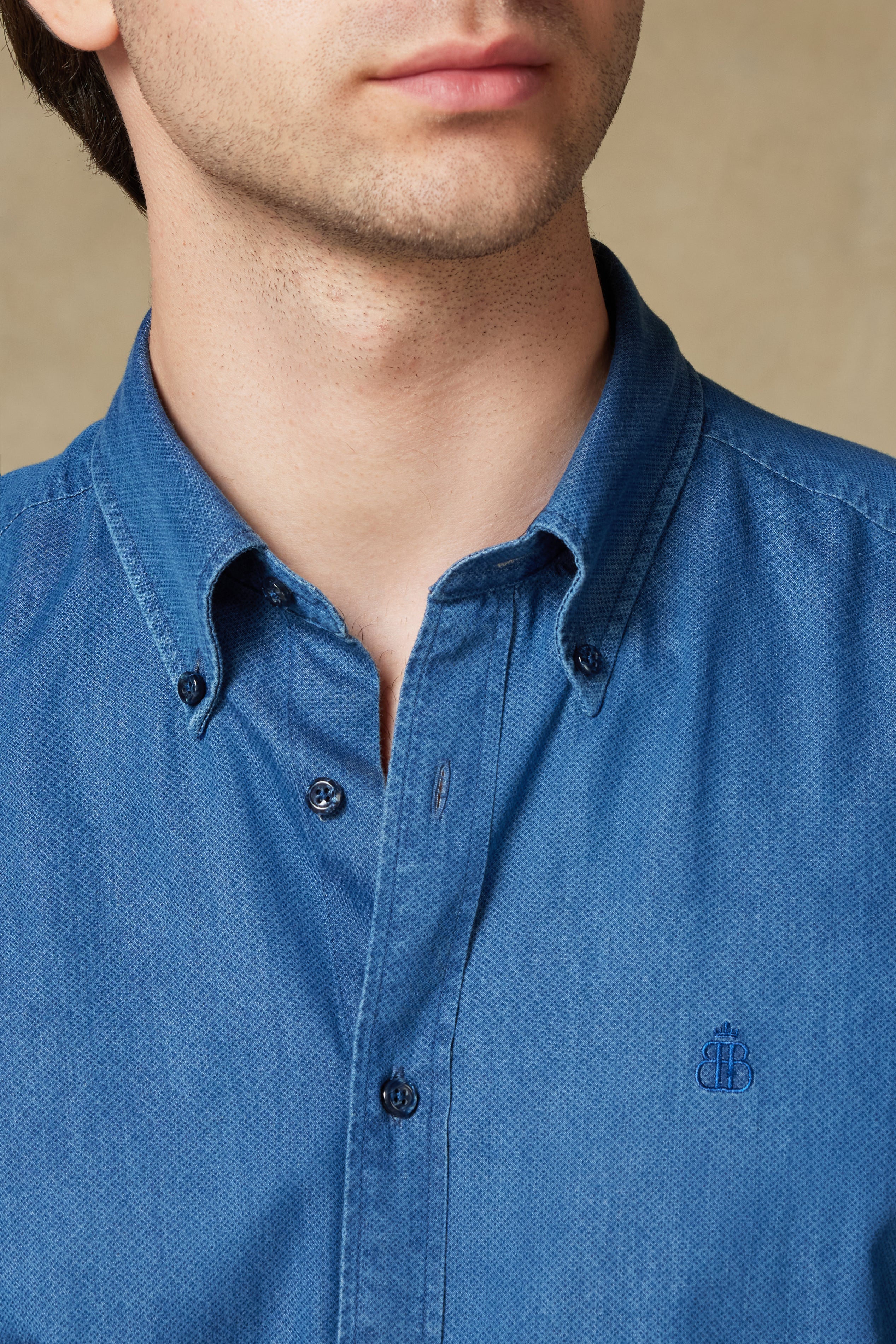 Abbate Natte Denim Pamuklu Comfort Fit Lacivert Düğmeli Yaka Erkek Düz Gömlek