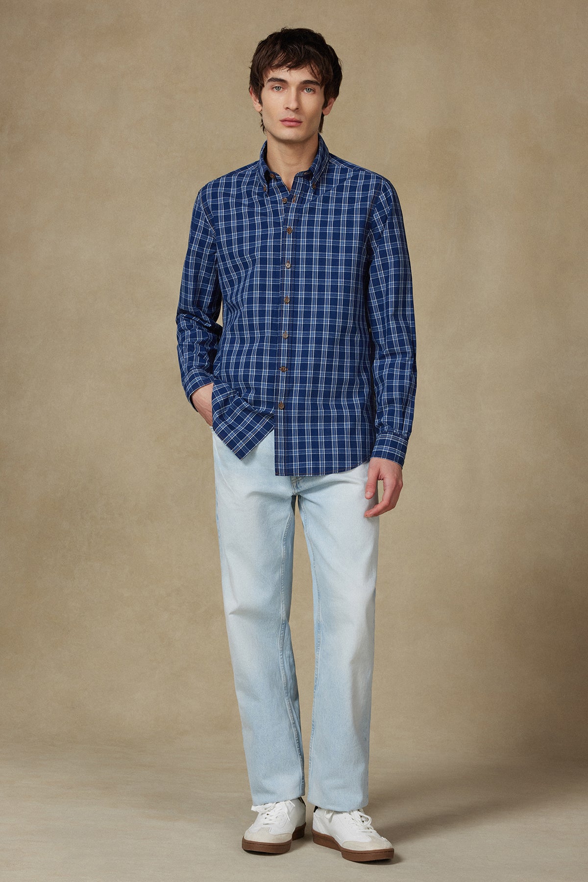 Abbate Natte Denim Pamuklu Comfort Fit Lacivert Düğmeli Yaka Erkek Kareli Gömlek