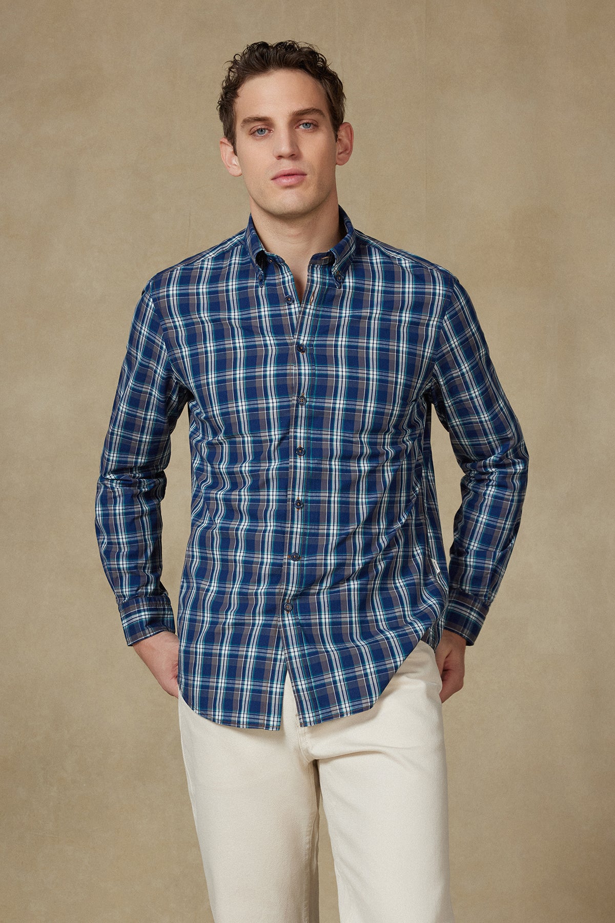 Abbate Natte Denim (Kot) %100 Pamuk Comfort Fit Lacivert Düğmeli Yaka Erkek Ekoseli Gömlek