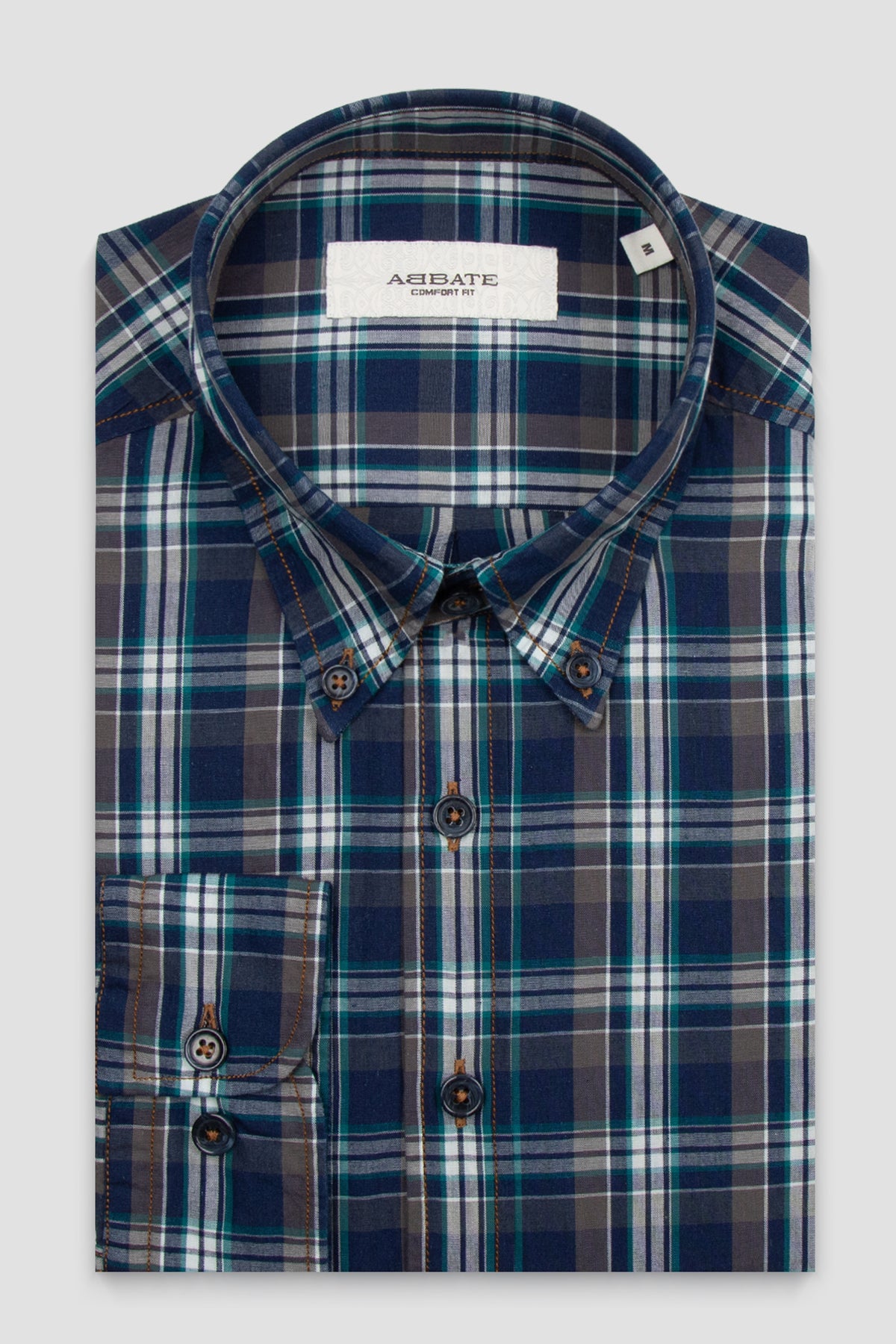 Abbate Natte Denim Pamuklu Comfort Fit Lacivert Düğmeli Yaka Erkek Ekoseli Gömlek