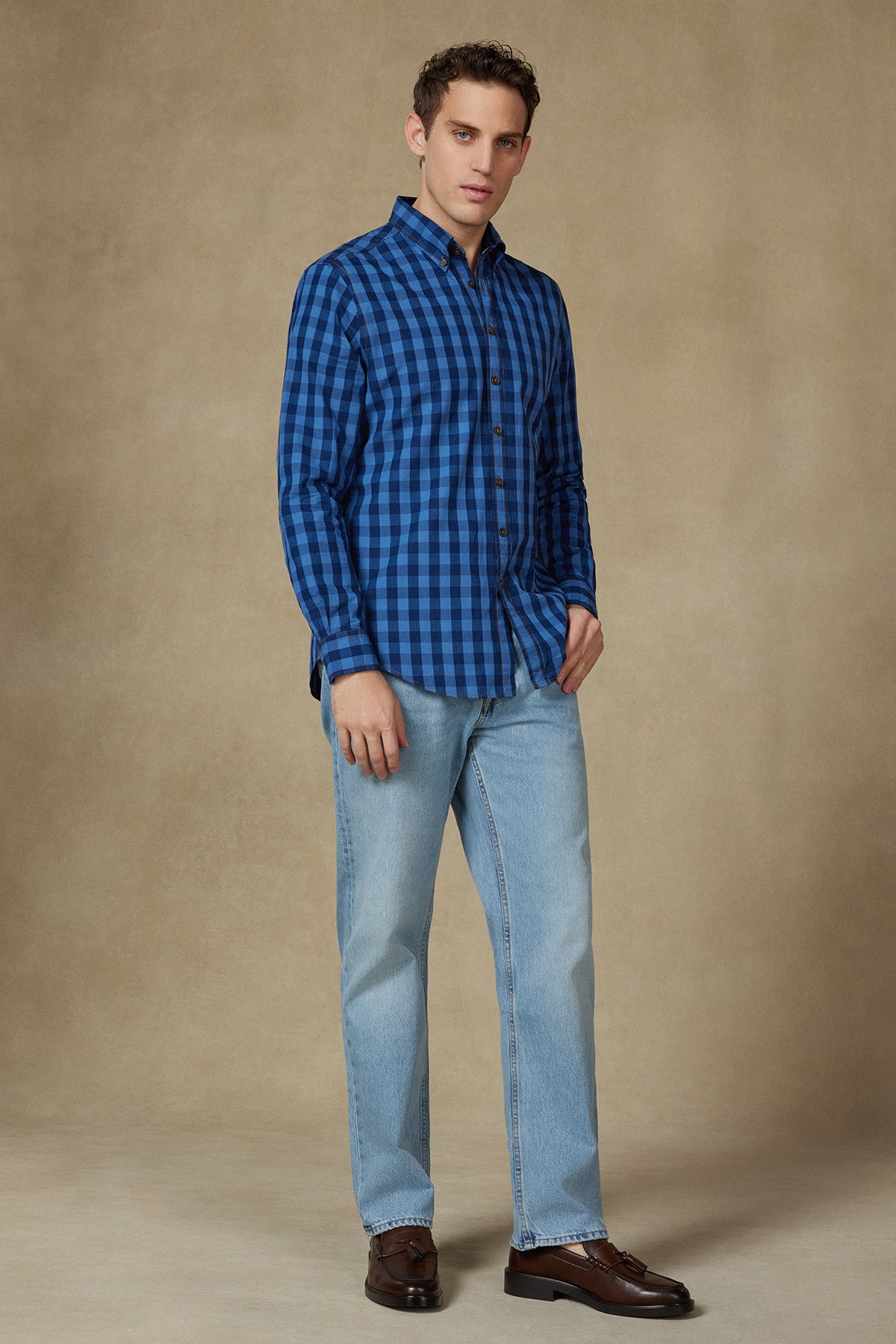 Abbate Natte Denim Pamuklu Comfort Fit Lacivert Düğmeli Yaka Erkek Kareli Gömlek
