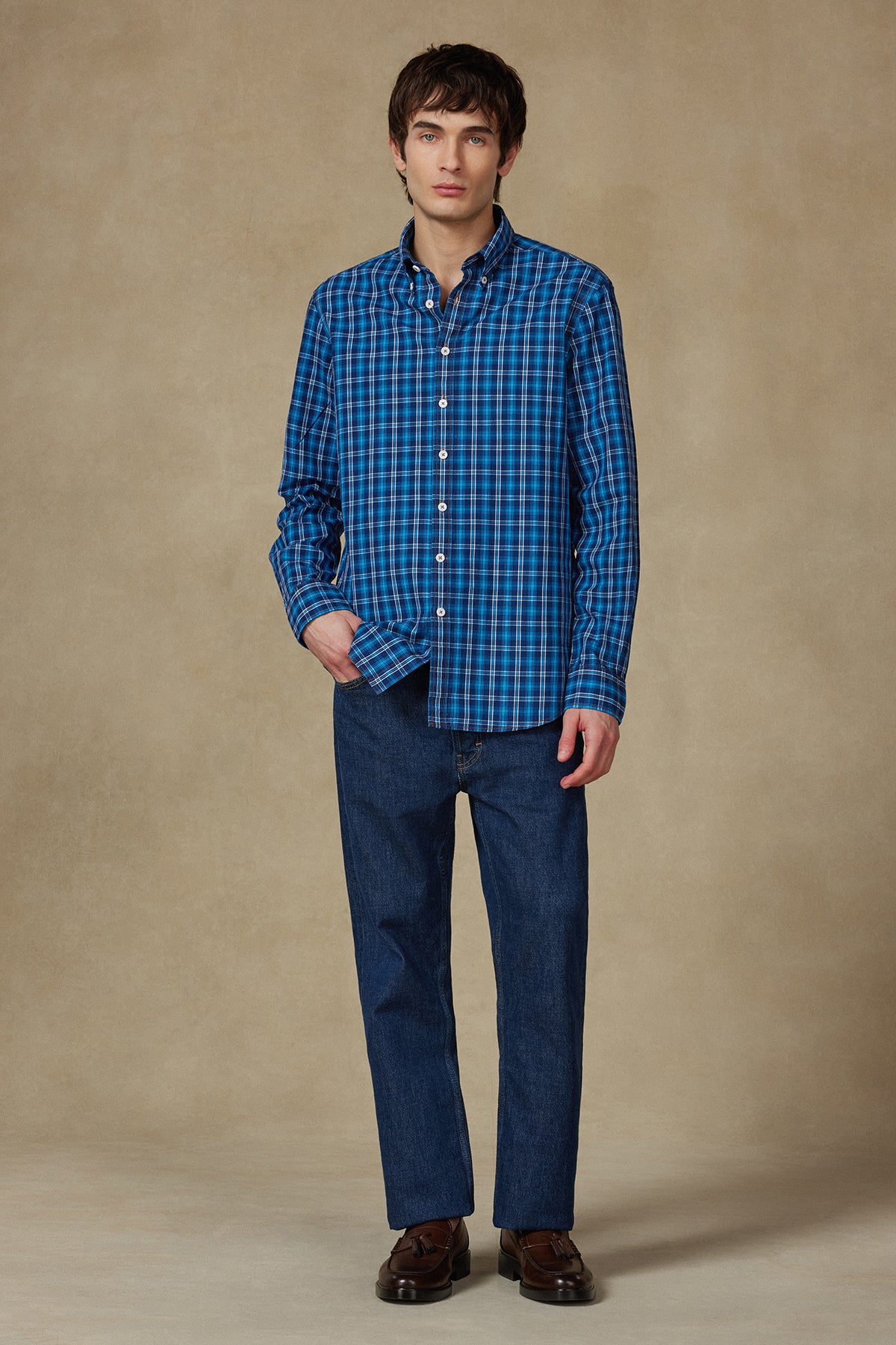 Abbate Natte Denim Pamuklu Comfort Fit Lacivert Düğmeli Yaka Erkek Ekoseli Gömlek