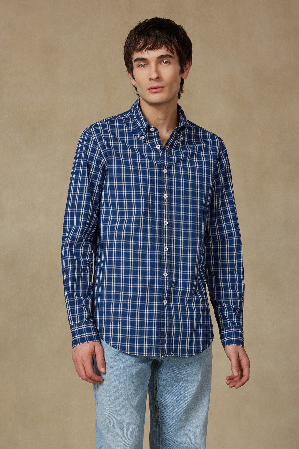 Abbate Natte Denim Pamuklu Comfort Fit Lacivert Düğmeli Yaka Erkek Kareli Gömlek