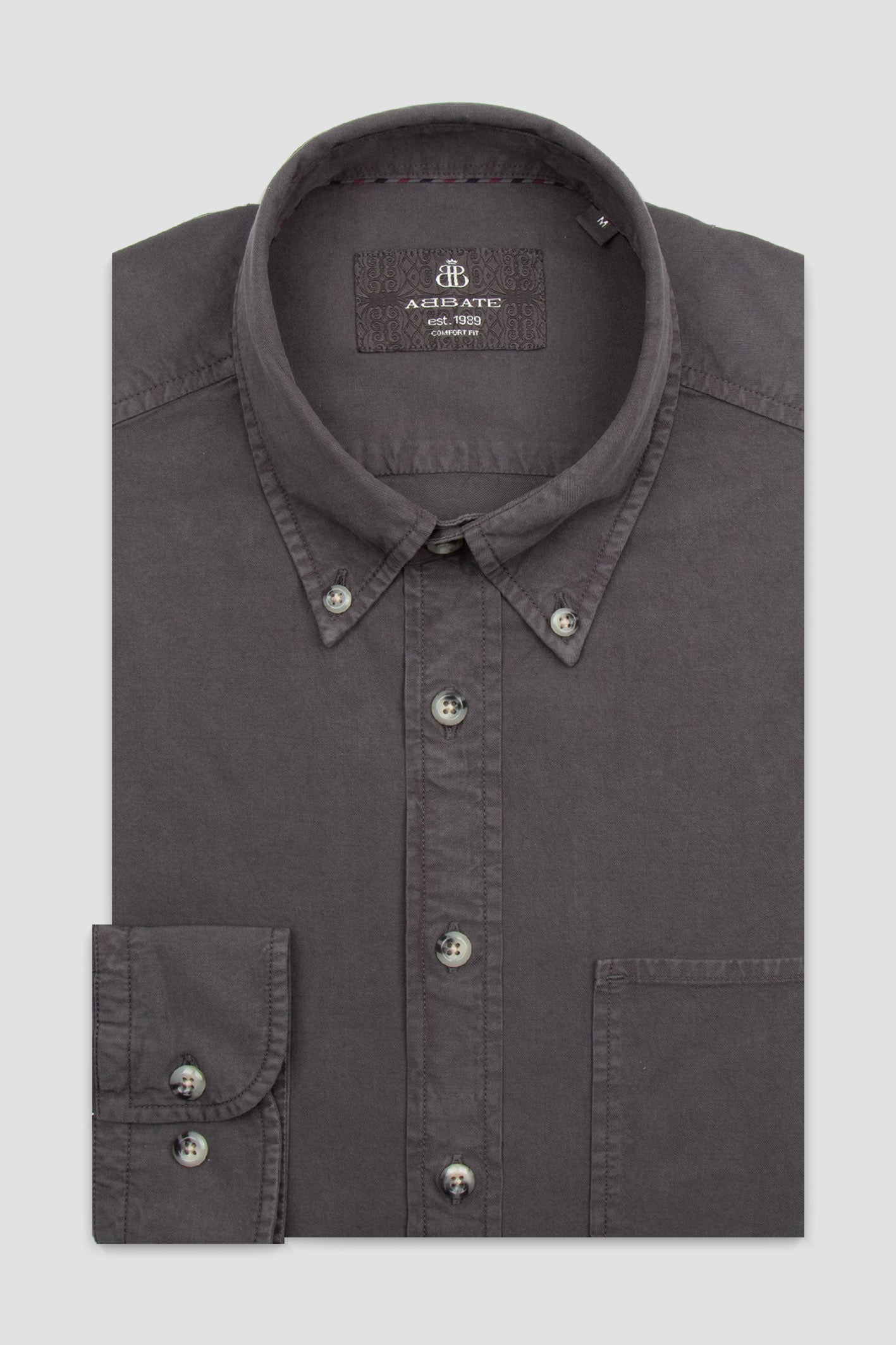 Abbate Federico Dokuma Tencel (Lyocell) Comfort Fit Koyu Gri Düğmeli Yaka Erkek Düz Gömlek