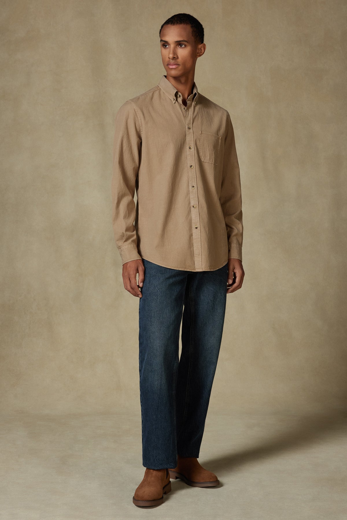 Abbate Federico Dokuma Tencel (Lyocell) Comfort Fit Bej Düğmeli Yaka Erkek Düz Gömlek