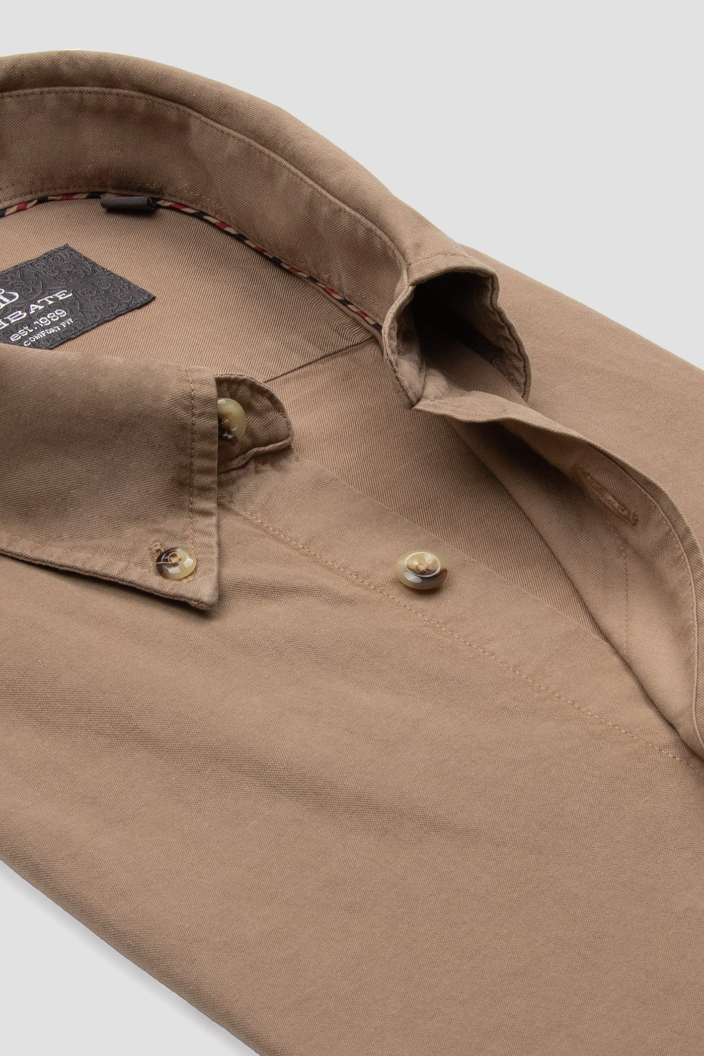 Abbate Federico Dokuma Tencel (Lyocell) Comfort Fit Bej Düğmeli Yaka Erkek Düz Gömlek