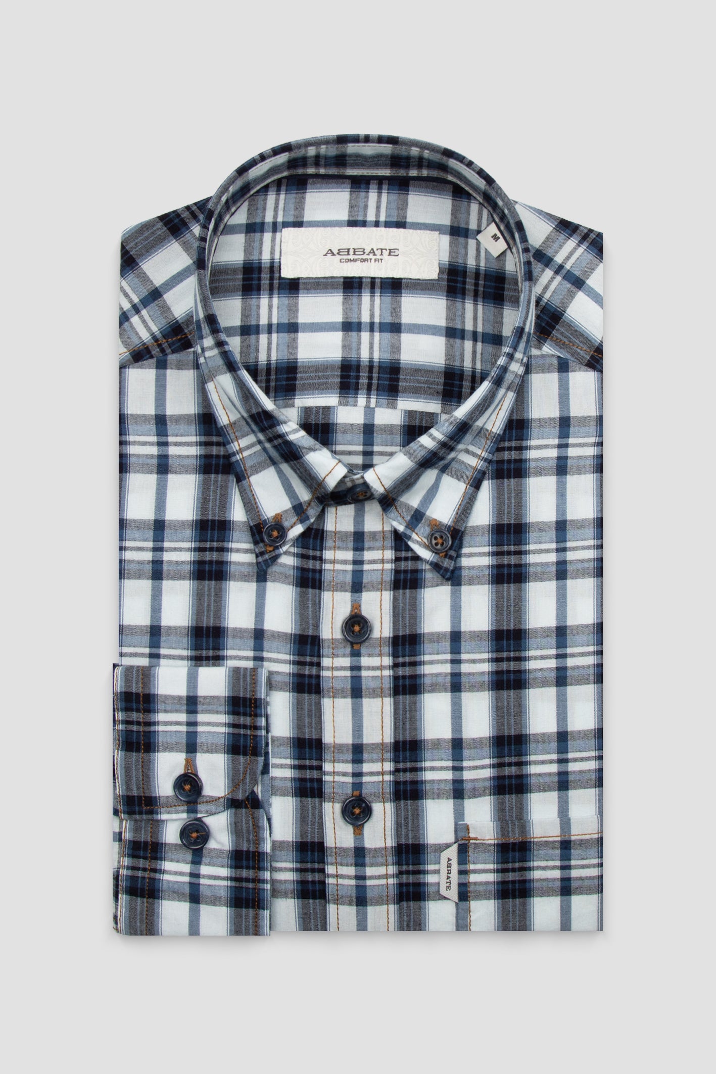 Abbate Federico Denim Kaşmir Karışımlı Comfort Fit Beyaz Düğmeli Yaka Erkek Ekoseli Gömlek