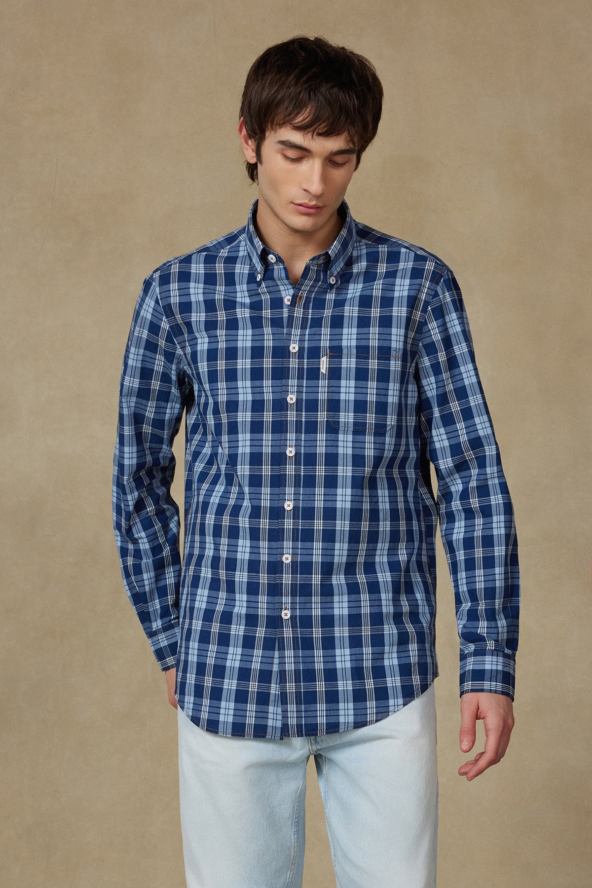 Abbate Federico Denim (Kot) %100 Pamuk Comfort Fit Lacivert Düğmeli Yaka Erkek Ekoseli Gömlek