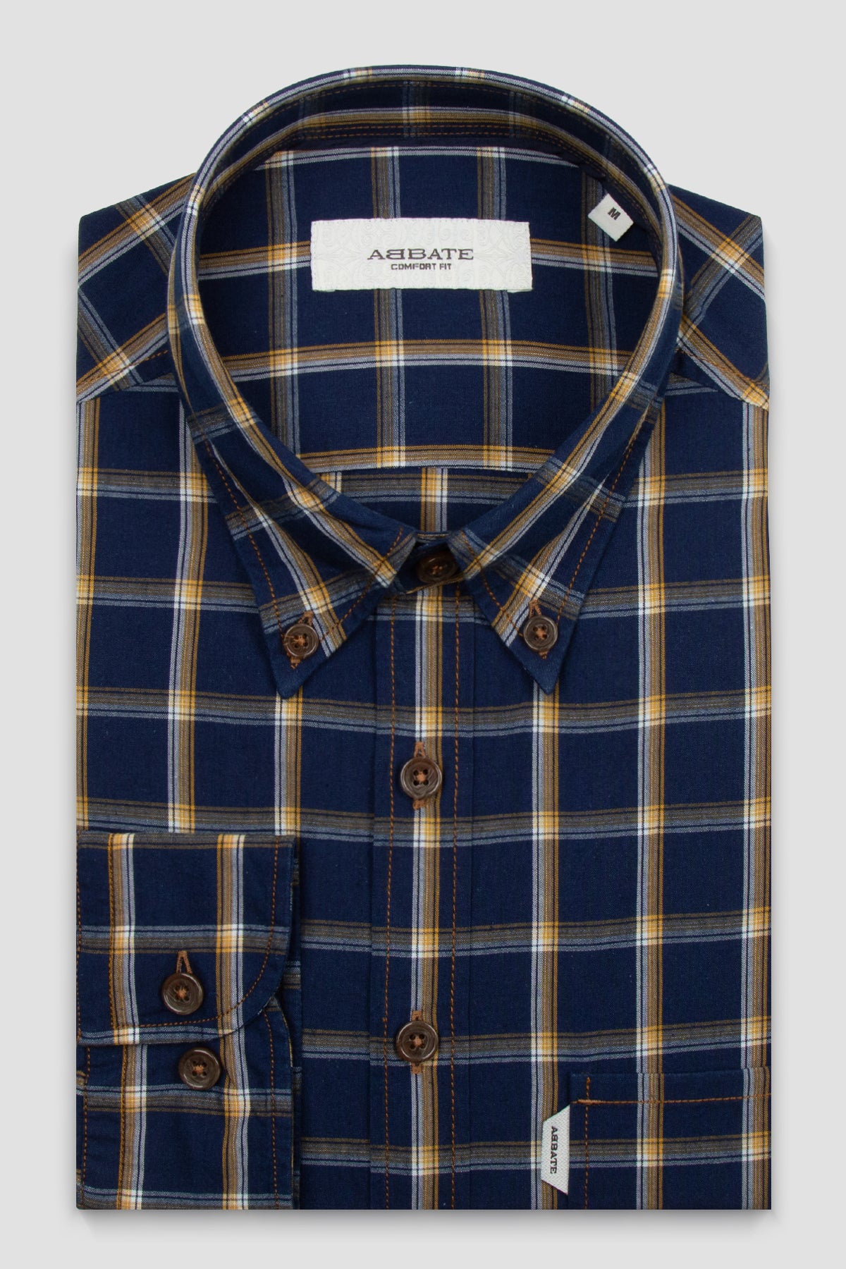 Abbate Federico Denim Pamuklu Comfort Fit Lacivert Düğmeli Yaka Erkek Kareli Gömlek