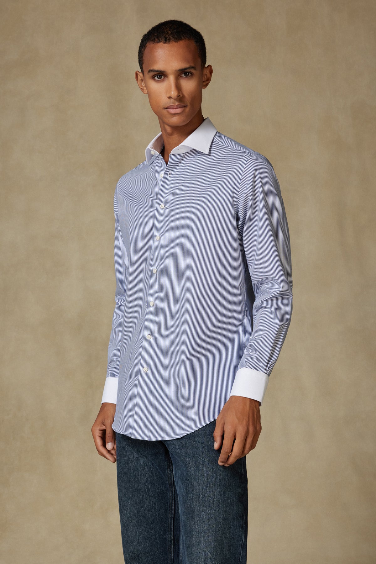 Abbate Grant Non Iron Twill Pamuklu Slim Fit Lacivert Klasik Yaka Erkek Çizgili Gömlek