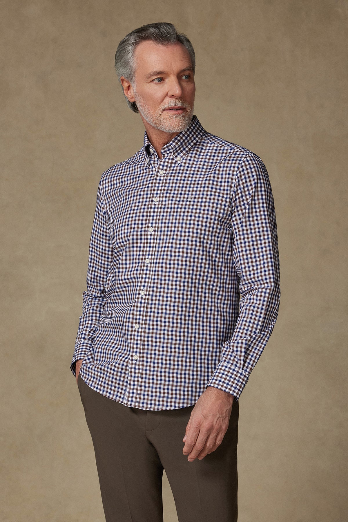 Abbate Dante Poplin Pamuklu Comfort Fit Kahverengi Düğmeli Yaka Erkek Kareli Gömlek