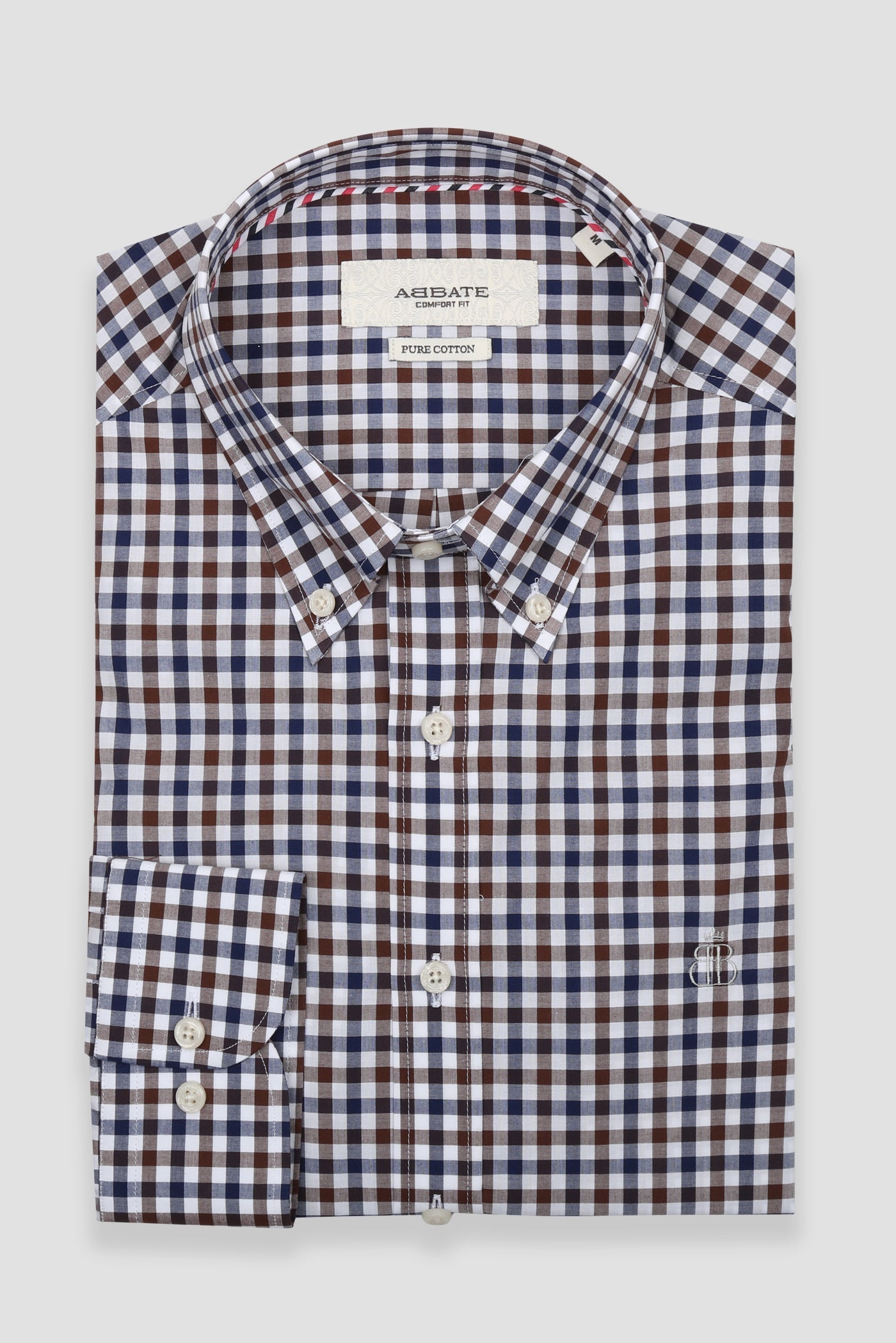Abbate Dante Poplin Pamuklu Comfort Fit Kahverengi Düğmeli Yaka Erkek Kareli Gömlek