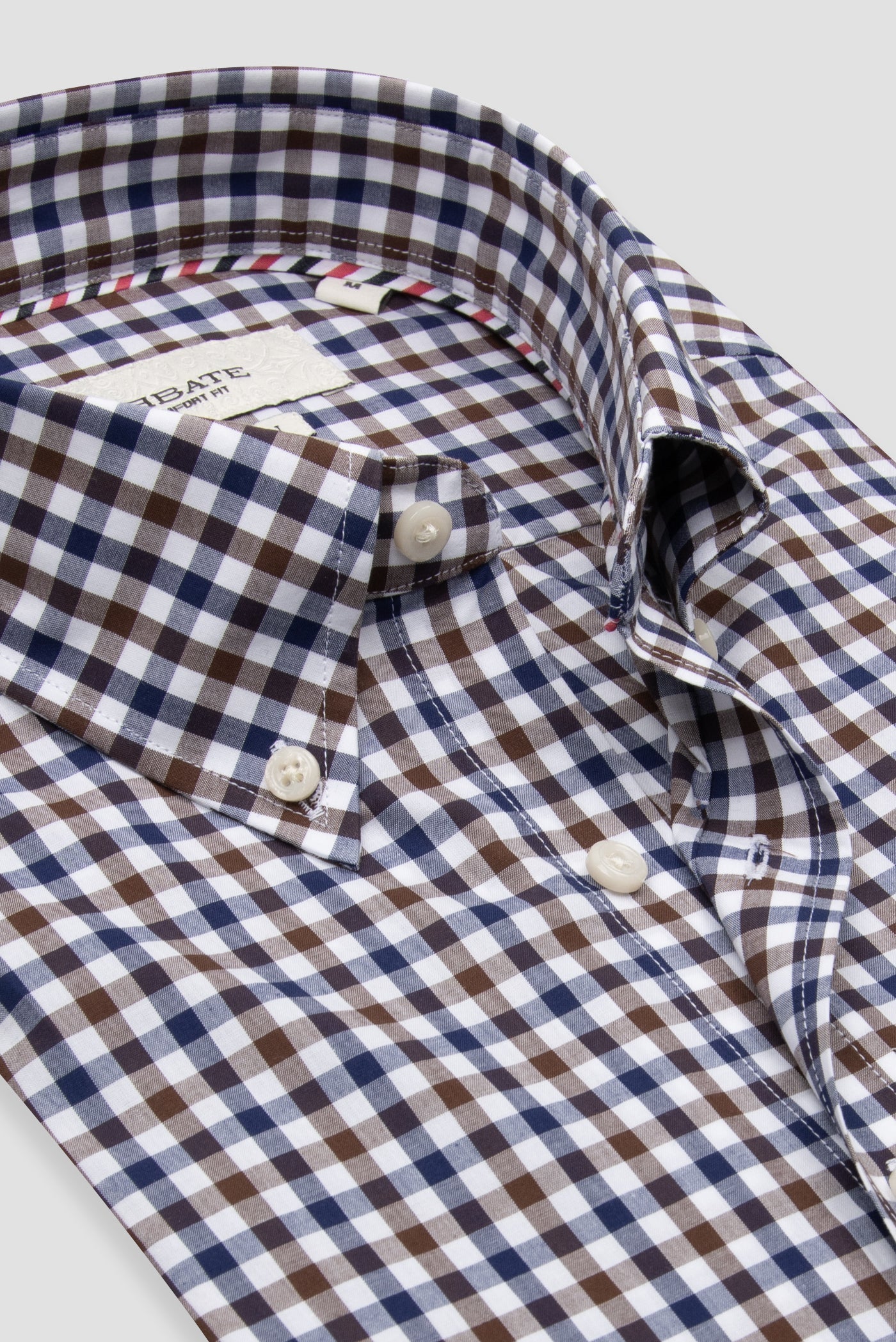 Abbate Dante Poplin Pamuklu Comfort Fit Kahverengi Düğmeli Yaka Erkek Kareli Gömlek