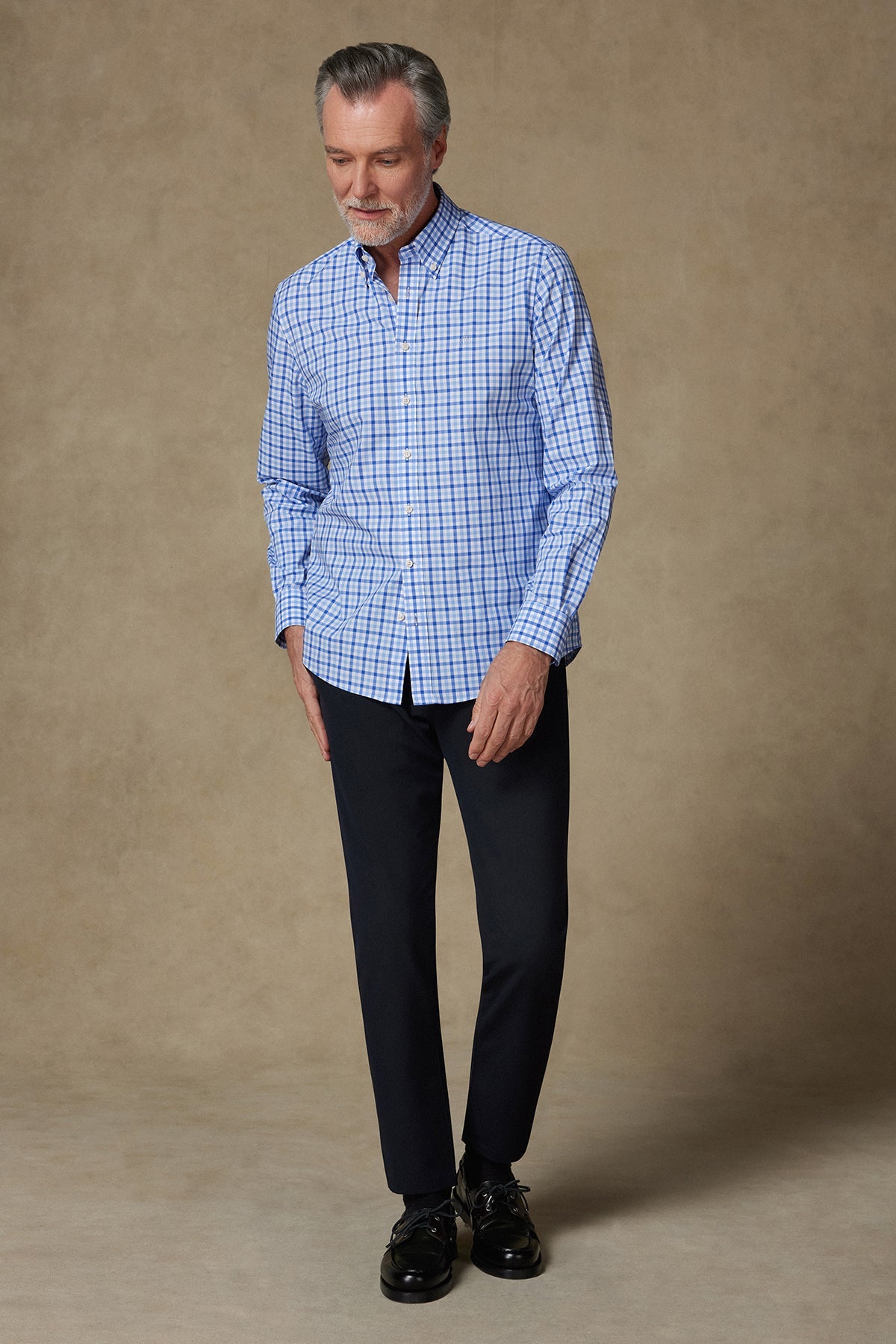 Abbate Dante Poplin Pamuklu Comfort Fit Açık Mavi Düğmeli Yaka Erkek Kareli Gömlek