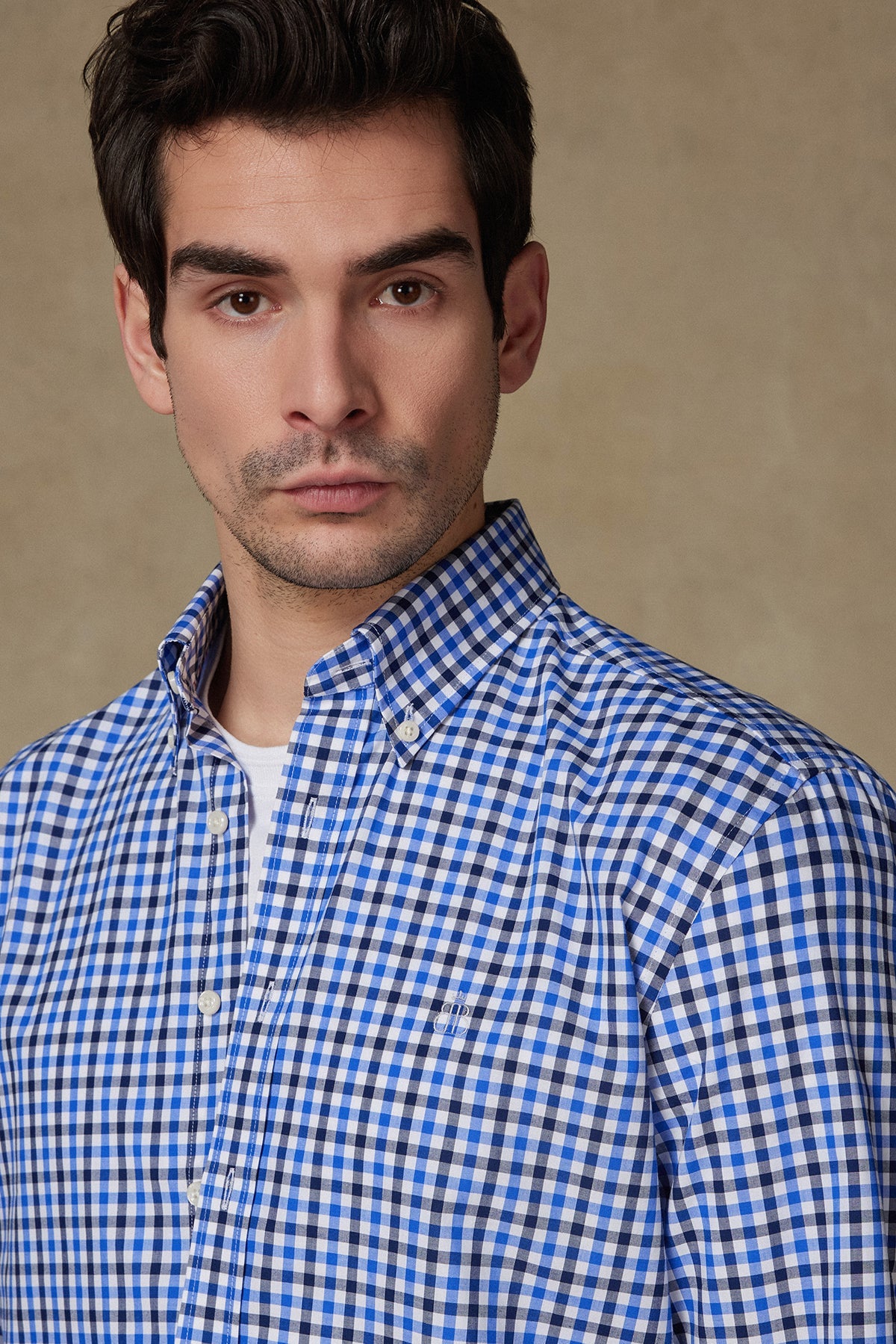 Abbate Dante Poplin Pamuklu Comfort Fit Koyu Mavi Düğmeli Yaka Erkek Kareli Gömlek