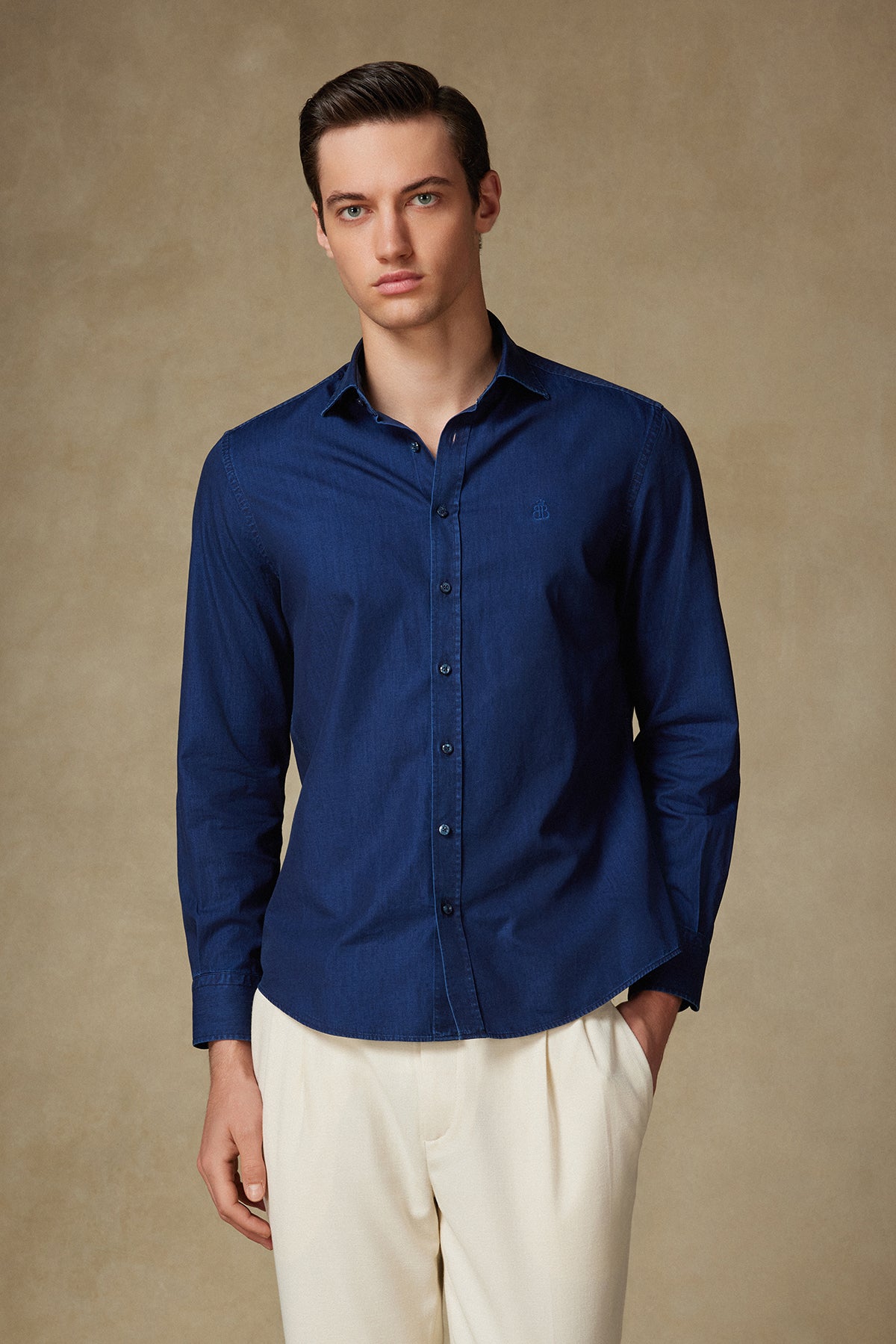 Abbate Fabio Denim Pamuklu Comfort Fit Lacivert Klasik Yaka Erkek Düz Gömlek