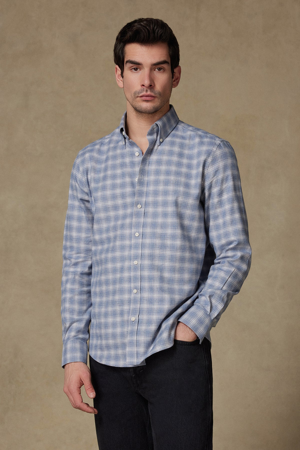 Abbate Luca Flanel Pamuklu Comfort Fit Mavi Düğmeli Yaka Erkek Kareli Gömlek