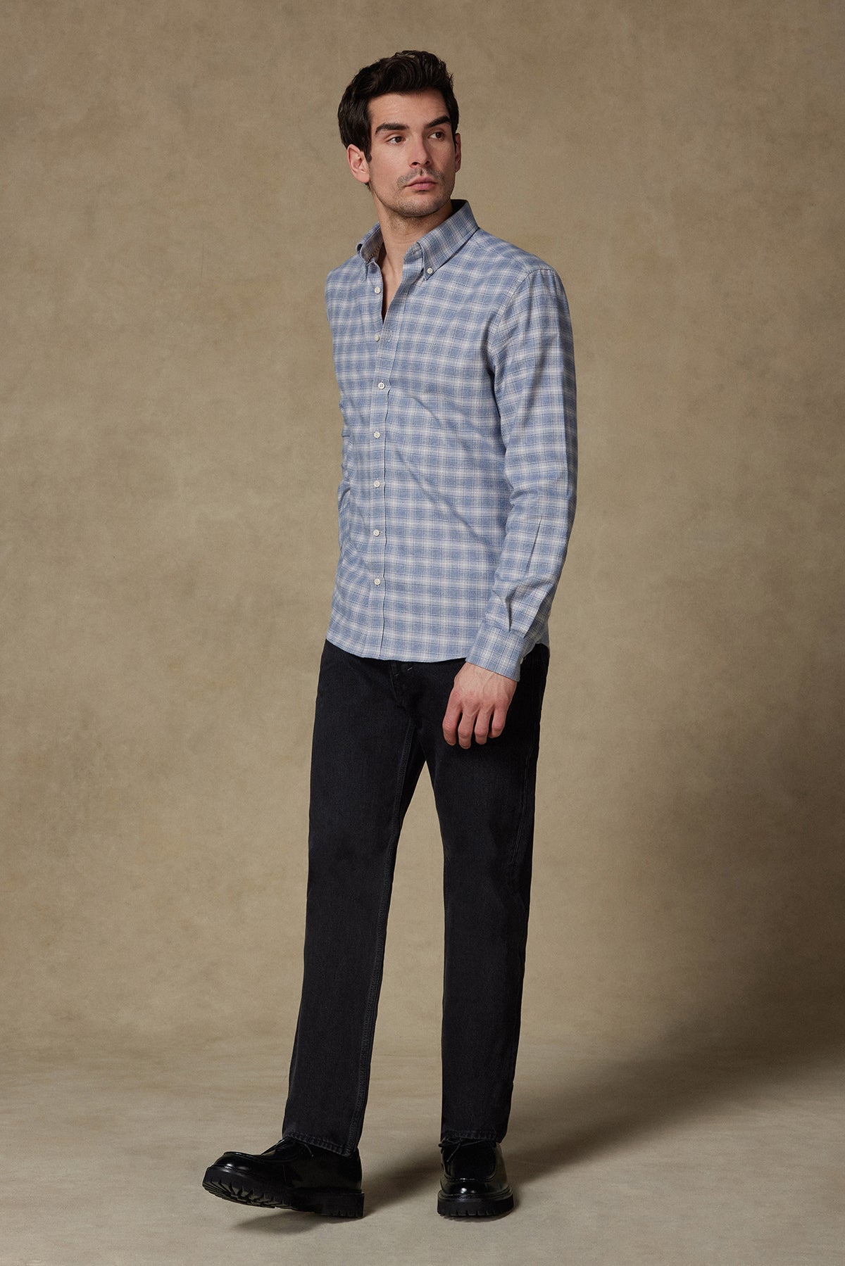 Abbate Luca Flanel Pamuklu Comfort Fit Mavi Düğmeli Yaka Erkek Kareli Gömlek