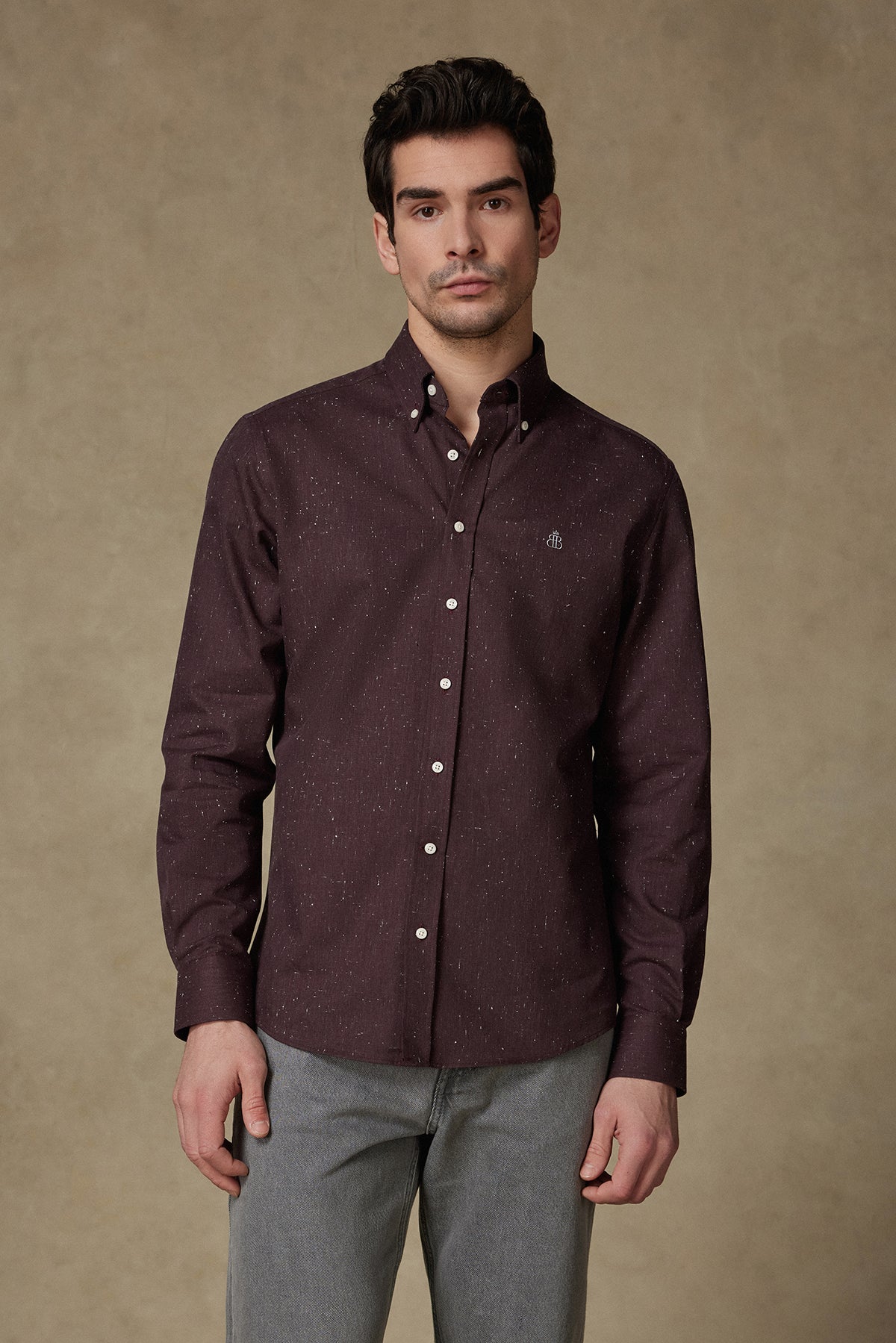 Abbate Luca Dobby Pamuklu Comfort Fit Bordo Düğmeli Yaka Erkek Düz Gömlek