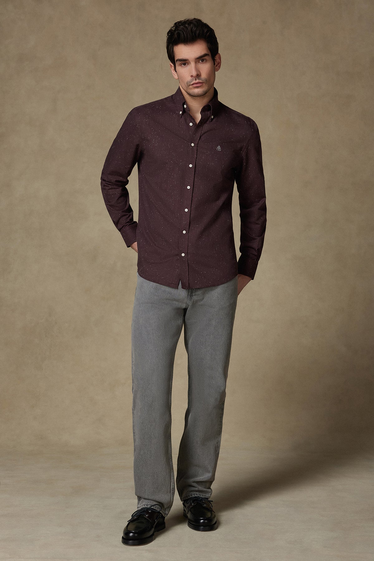 Abbate Luca Dobby Pamuklu Comfort Fit Bordo Düğmeli Yaka Erkek Düz Gömlek