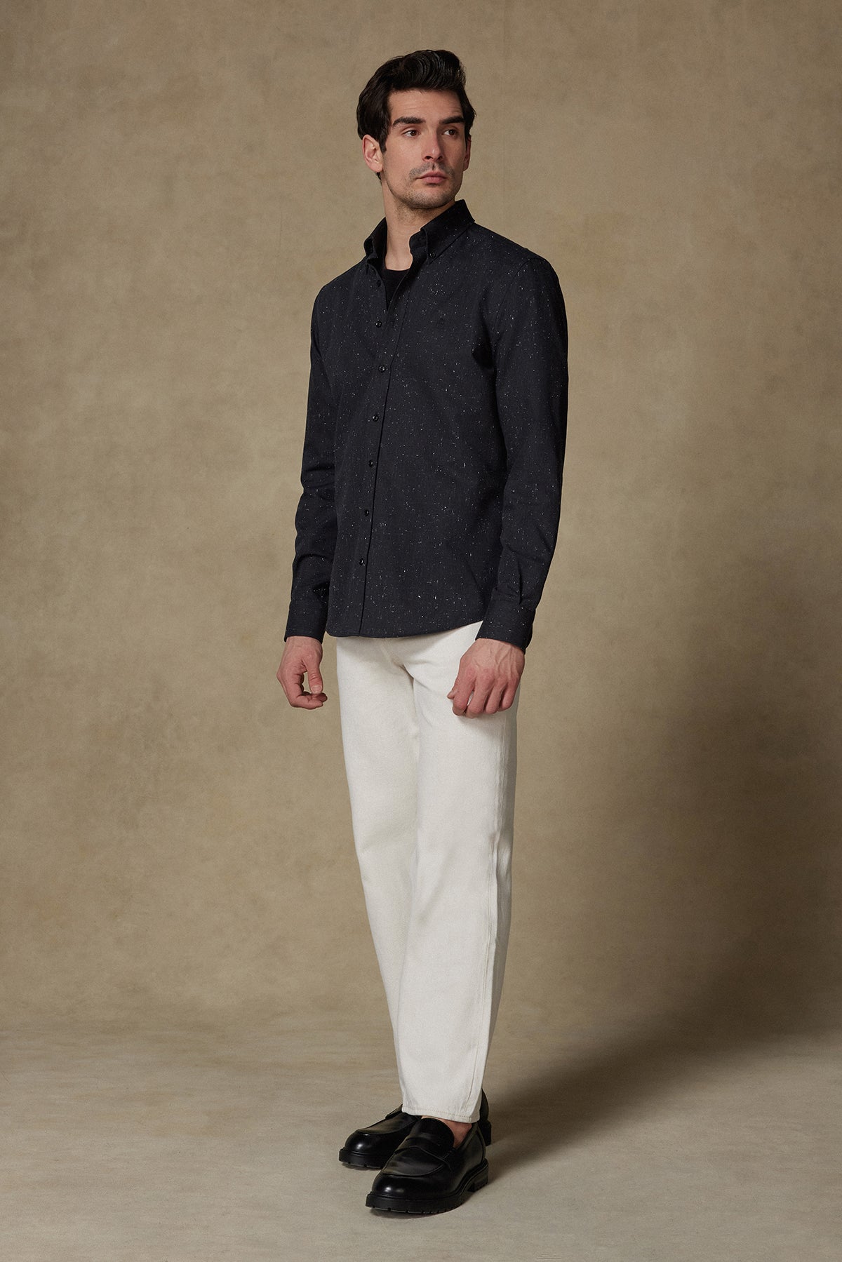 Abbate Luca Dobby Pamuklu Comfort Fit Siyah Düğmeli Yaka Erkek Düz Gömlek