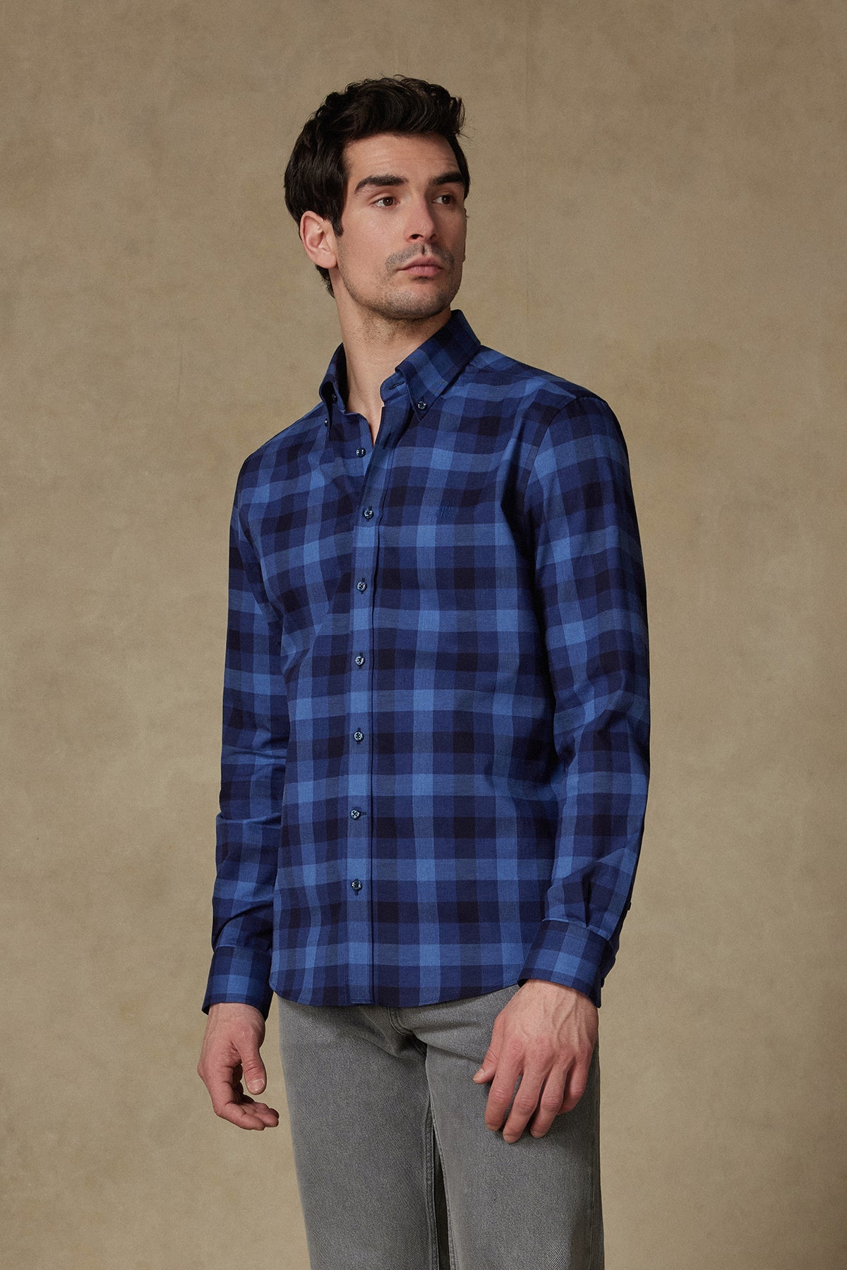 Abbate Luca Twill Pamuklu Comfort Fit Lacivert Düğmeli Yaka Erkek Kareli Gömlek