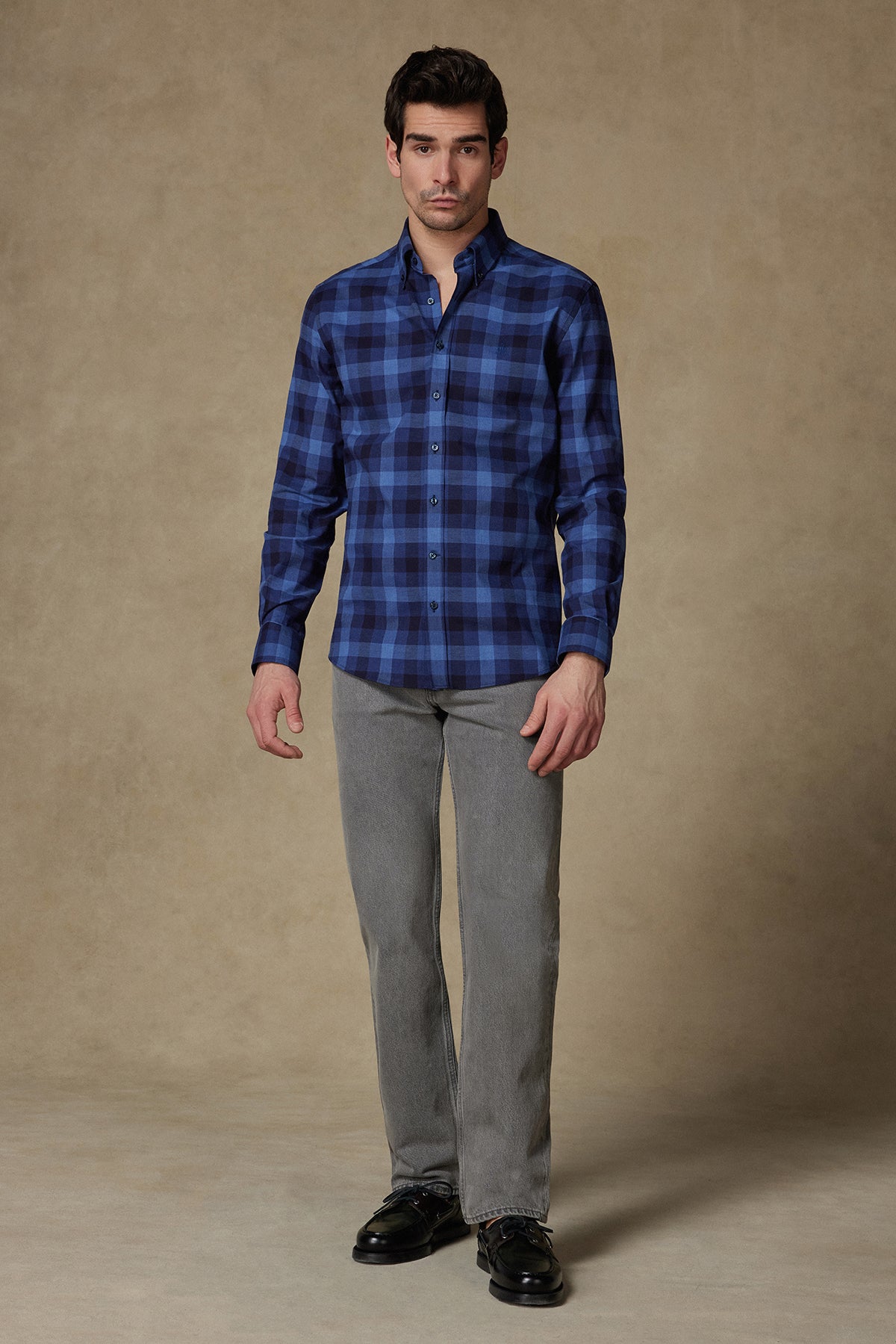 Abbate Luca Twill Pamuklu Comfort Fit Lacivert Düğmeli Yaka Erkek Kareli Gömlek