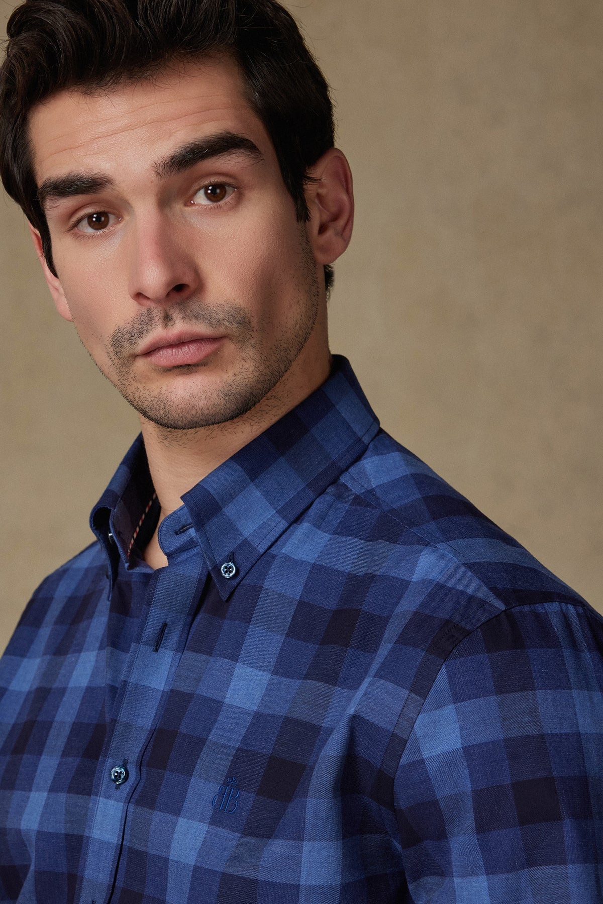 Abbate Luca Twill Pamuklu Comfort Fit Lacivert Düğmeli Yaka Erkek Kareli Gömlek