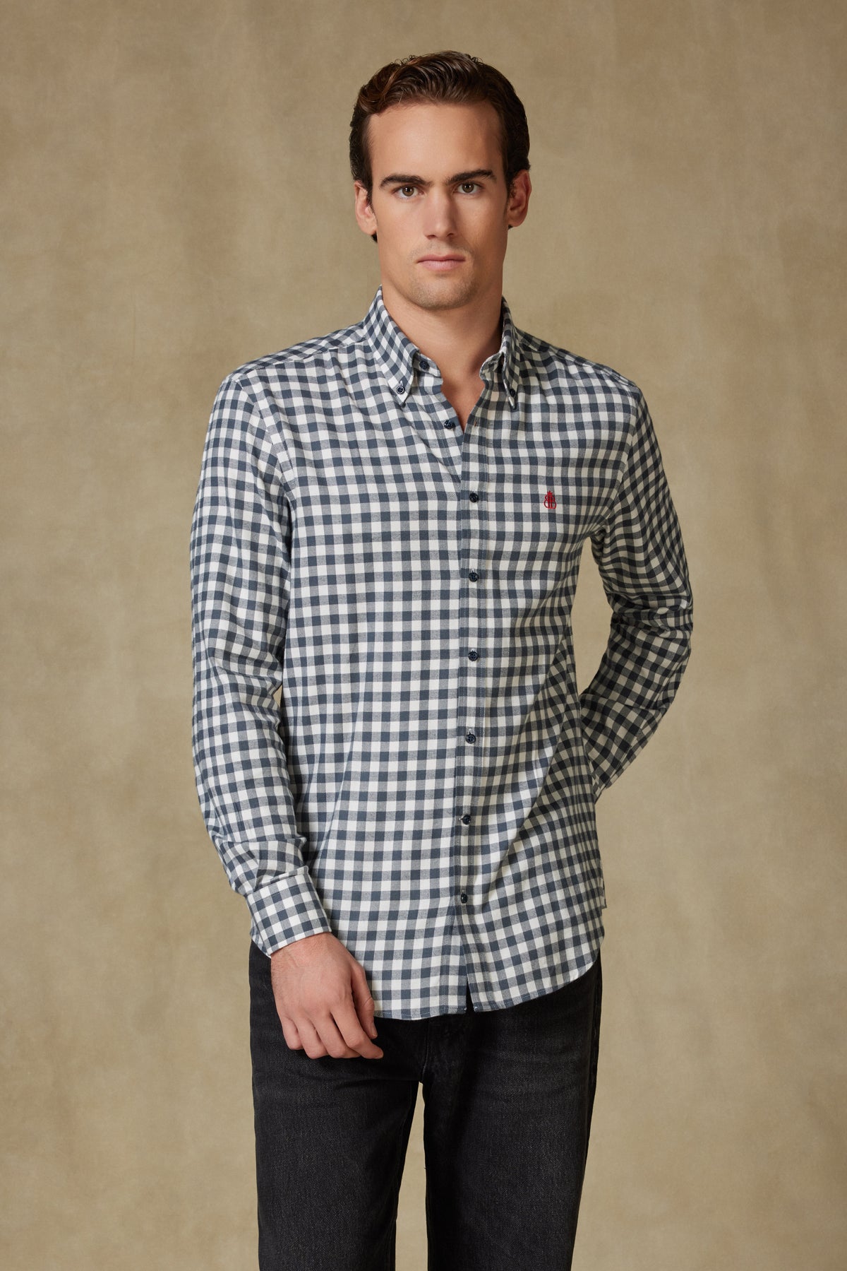 Abbate Luca Flanel Viskon Karışımlı Comfort Fit Antrasit Düğmeli Yaka Erkek Kareli Gömlek