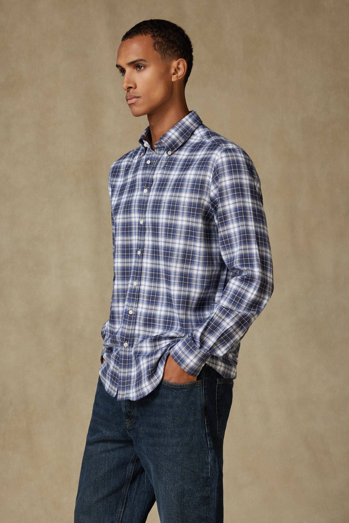 Abbate Luca Flanel Pamuk Karışımlı Comfort Fit Lacivert Düğmeli Yaka Erkek Ekoseli Gömlek