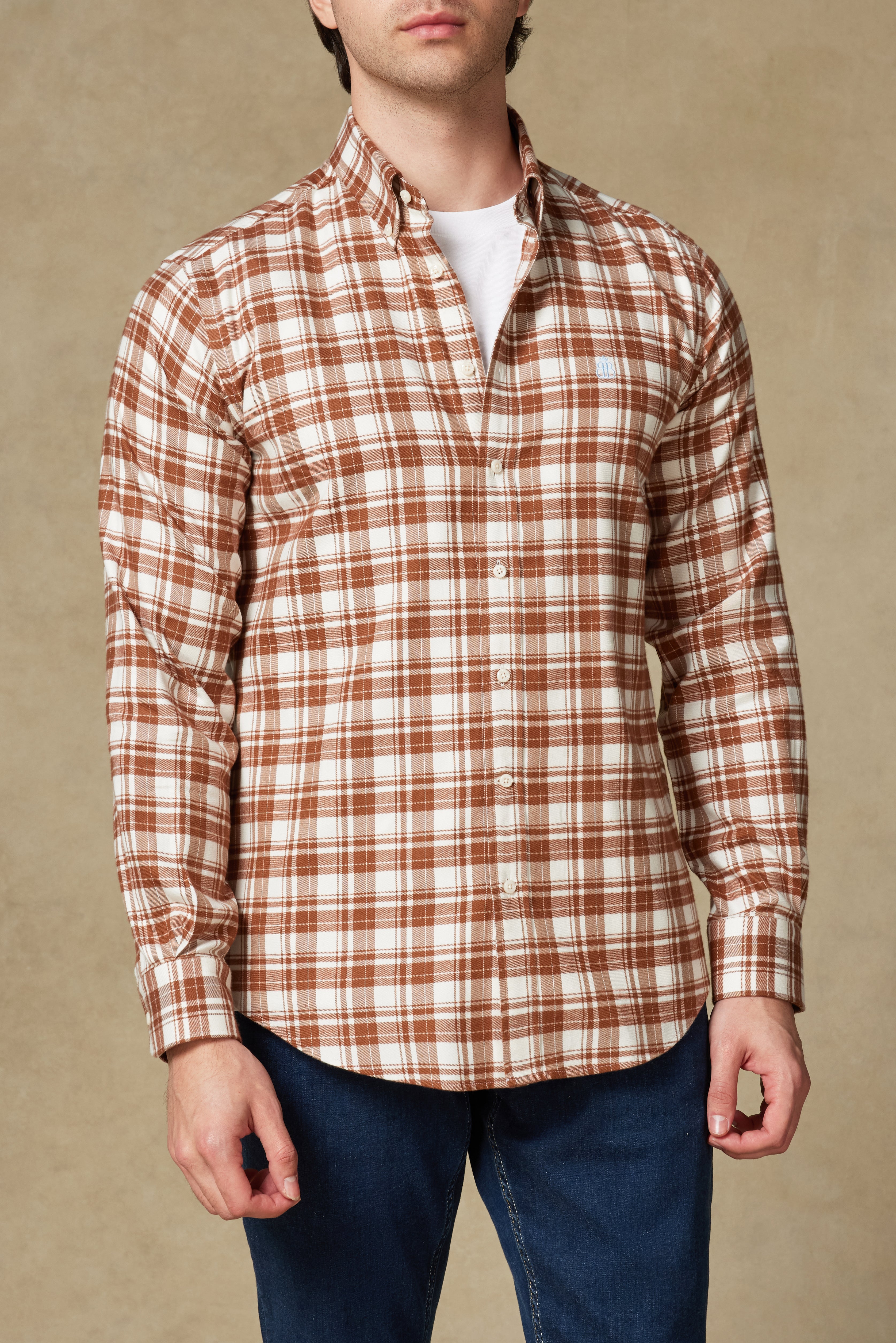 Abbate Luca Flanel Pamuk Karışımlı Comfort Fit Kahverengi Düğmeli Yaka Erkek Ekoseli Gömlek