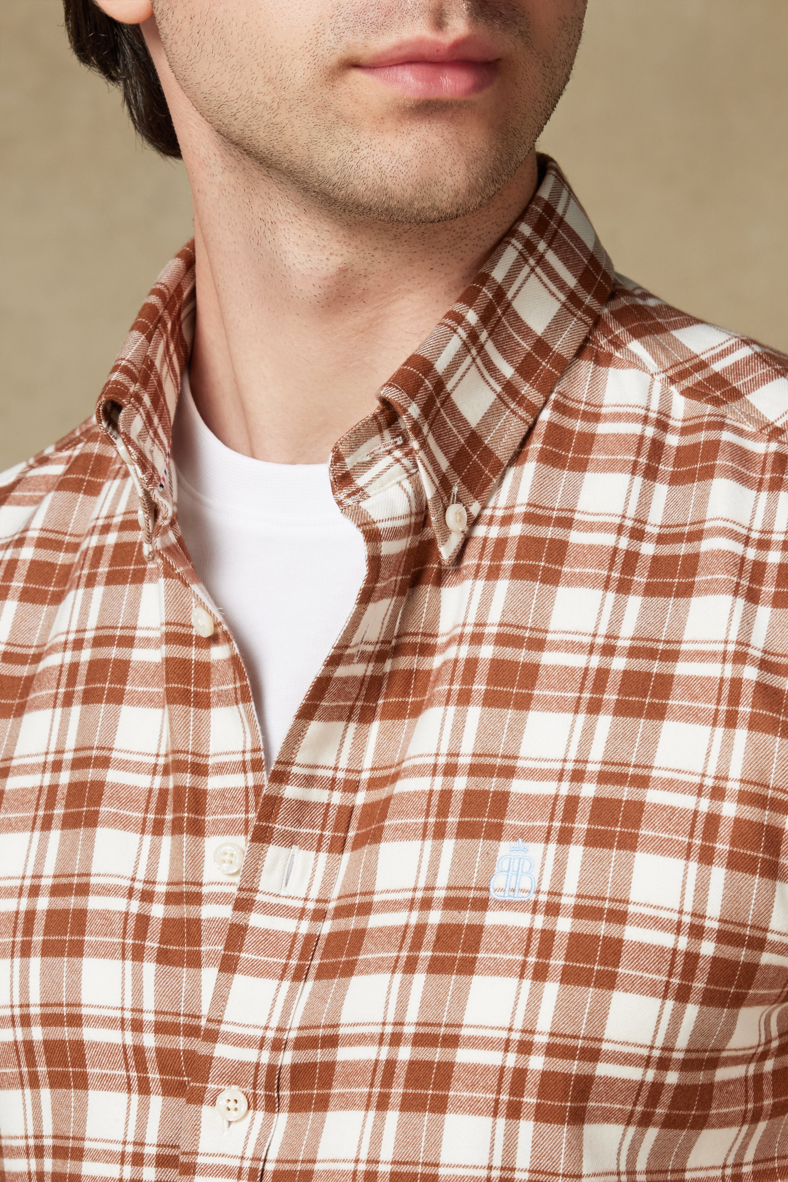 Abbate Luca Flanel Pamuk Karışımlı Comfort Fit Kahverengi Düğmeli Yaka Erkek Ekoseli Gömlek