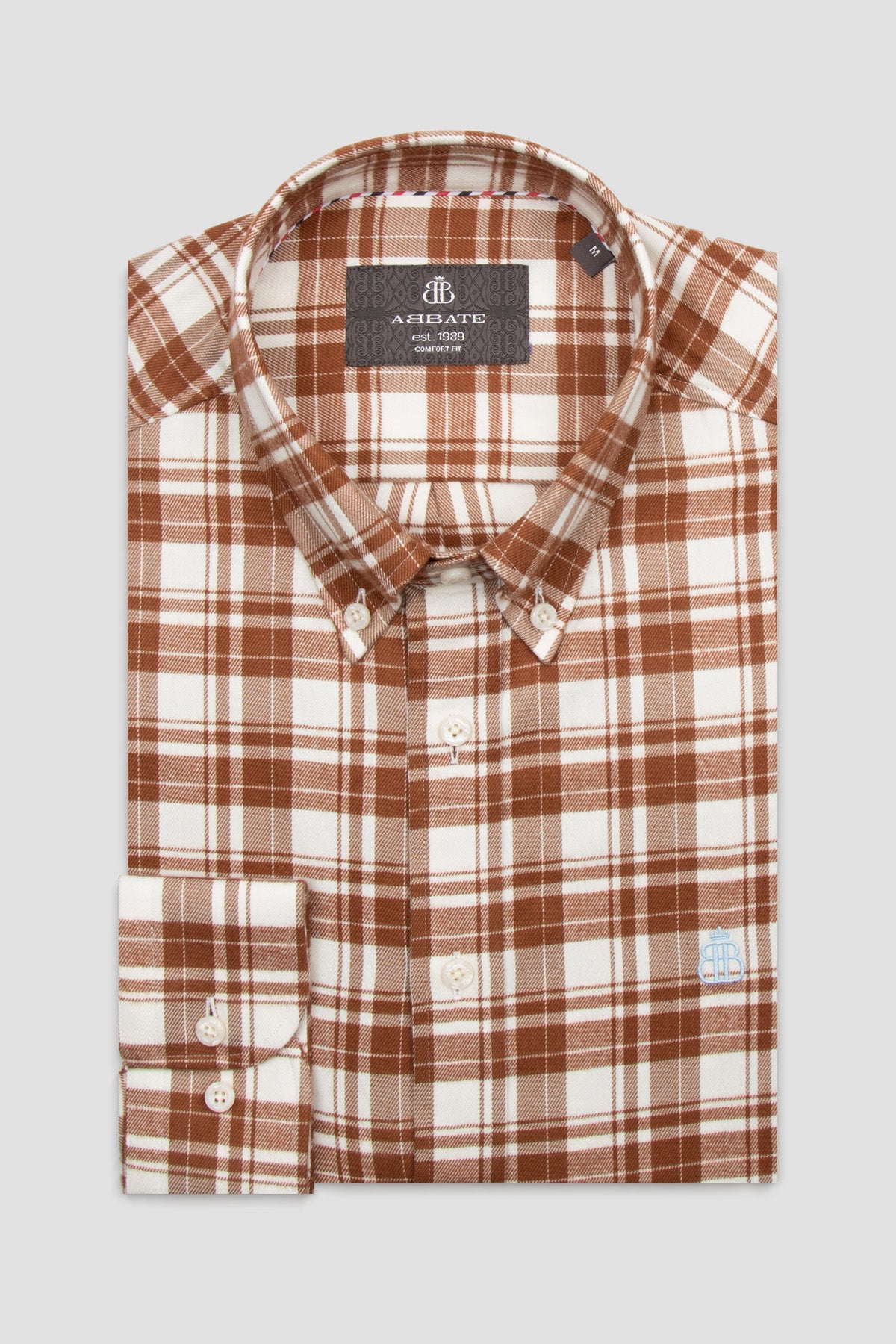 Abbate Luca Flanel Pamuk Karışımlı Comfort Fit Kahverengi Düğmeli Yaka Erkek Ekoseli Gömlek