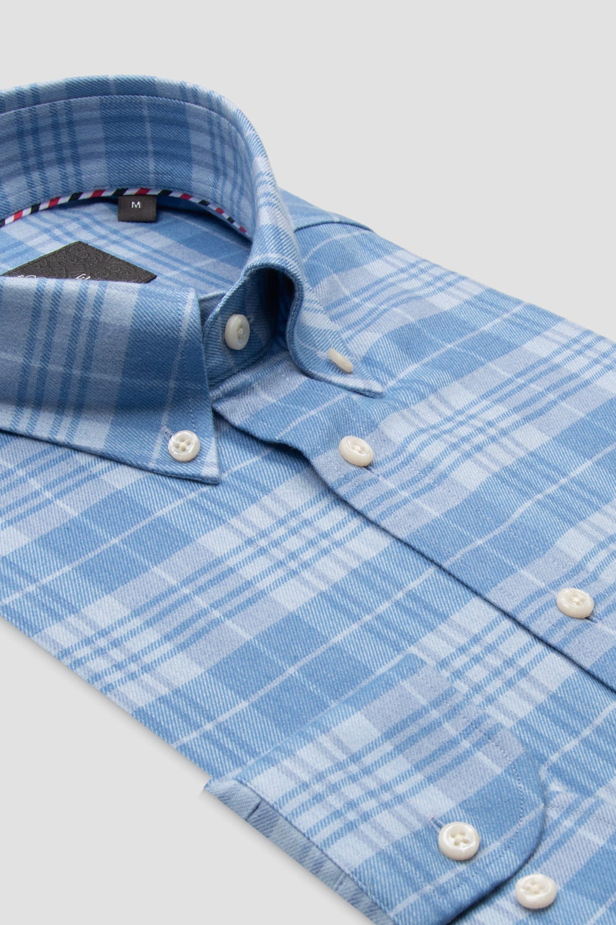 Abbate Luca Flanel Pamuk Karışımlı Comfort Fit Açık Mavi Düğmeli Yaka Erkek Ekoseli Gömlek