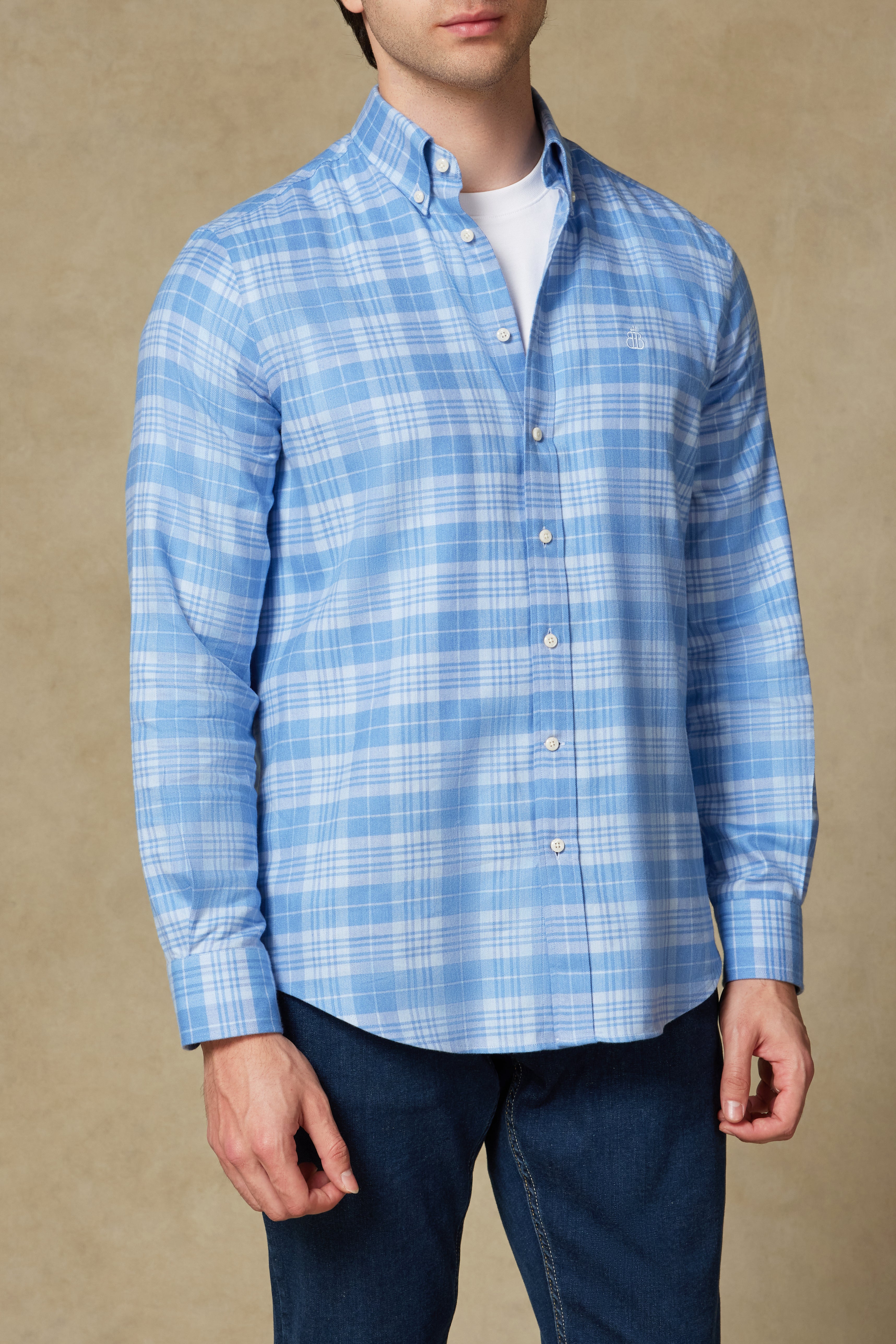Abbate Luca Flanel Pamuk Karışımlı Comfort Fit Açık Mavi Düğmeli Yaka Erkek Ekoseli Gömlek